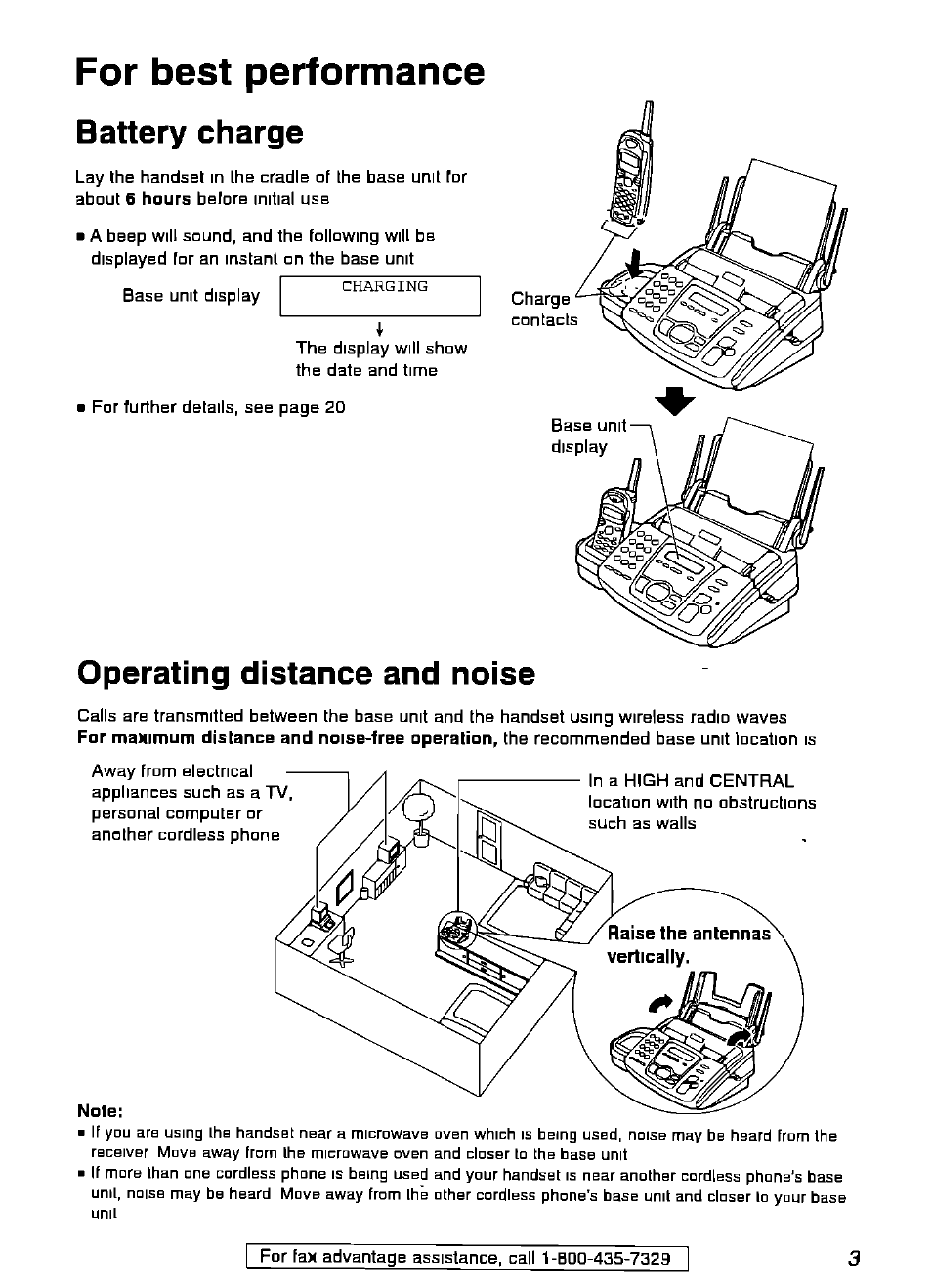 Battery charge, Operating distance and noise, For best performance | Panasonic KX-FPG175 User Manual | Page 3 / 96