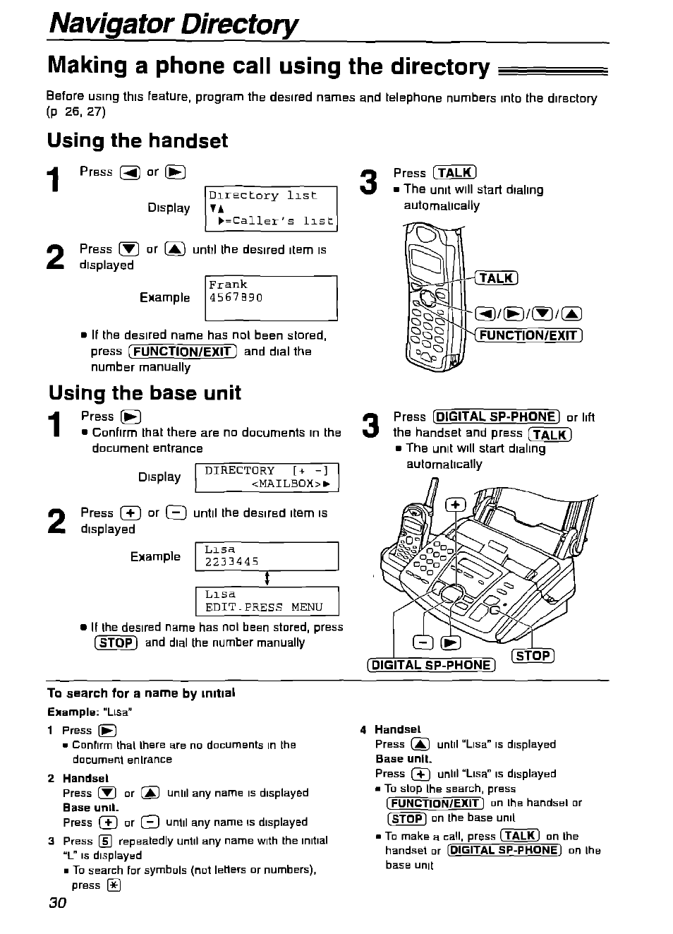 Making a phone call using the directory, Using the handset, Using the base unit | Panasonic KX-FPG175 User Manual | Page 30 / 96