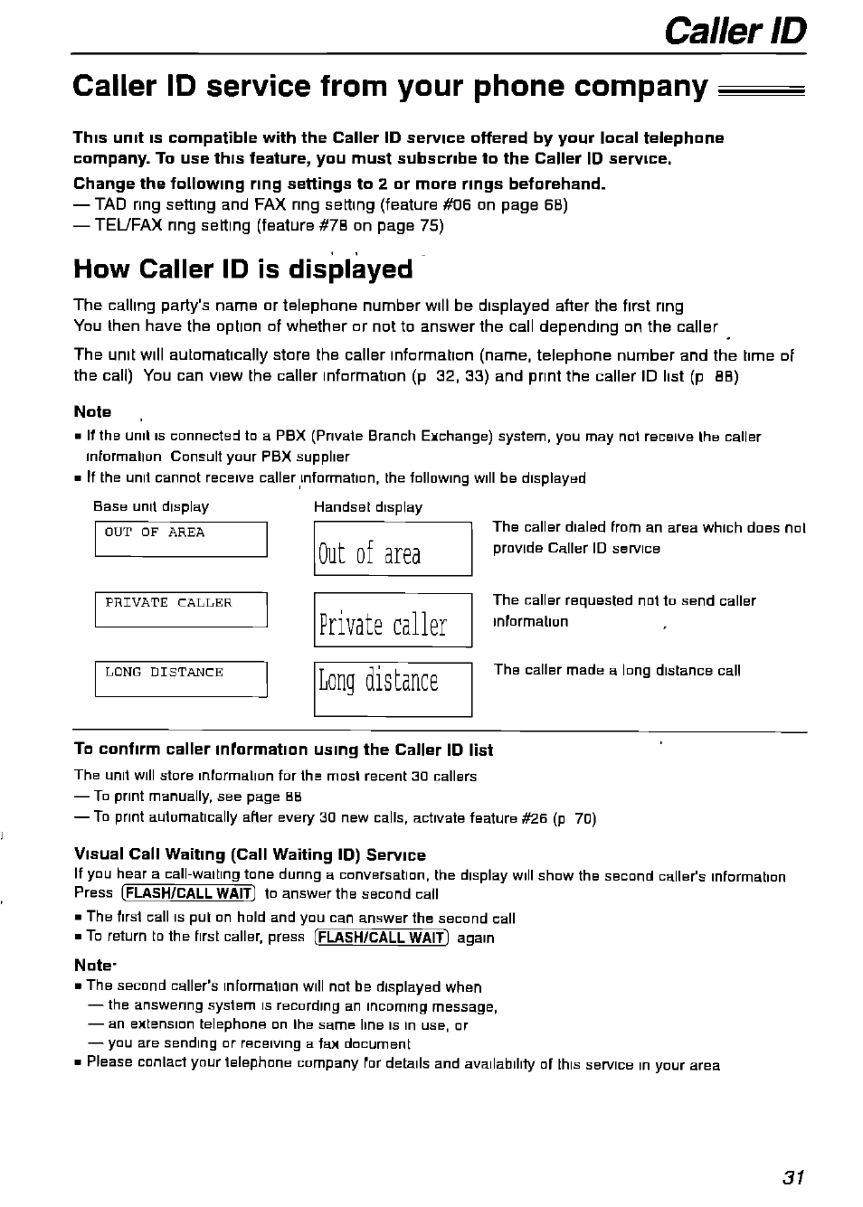 Caller id service from your phone company, How caller id is displayed, Note | Visual call waiting (call waiting id) service, Out of area, Private caller, Long distance | Panasonic KX-FPG175 User Manual | Page 31 / 96