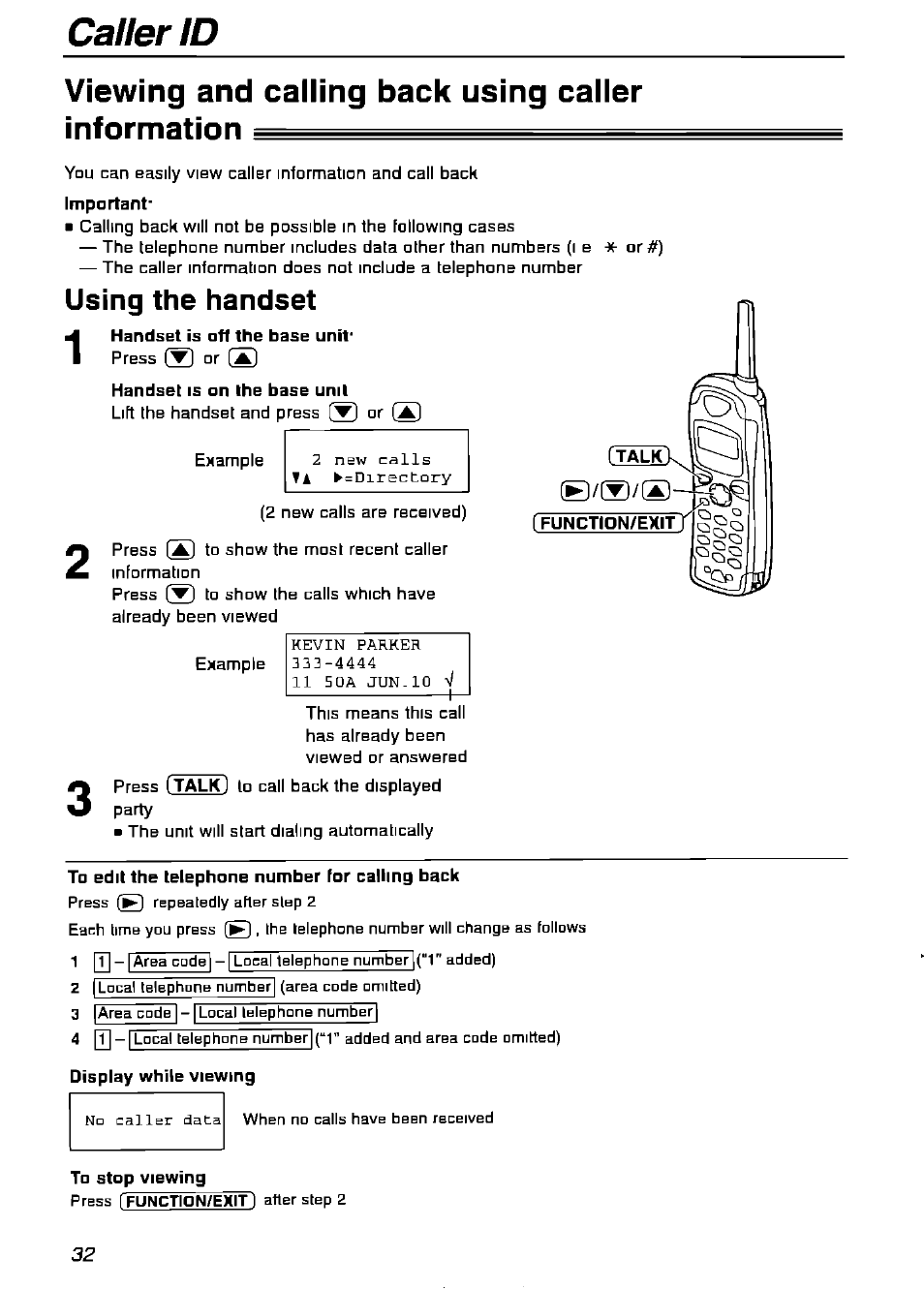 Viewing and calling back using caller information, Using the handset, Handset is off the base unit | Handset is on the base unit, To edit the telephone number for calling back, To stop viewing | Panasonic KX-FPG175 User Manual | Page 32 / 96