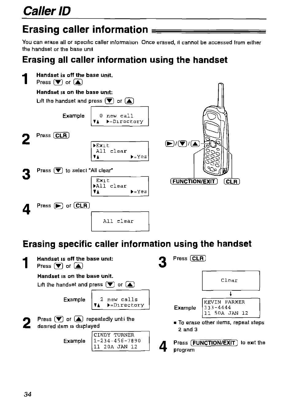 Erasing caller information, Erasing all caller information using the handset, Handset is off the base unit | Handset is on ihe base unit, Caller id erasing caller information | Panasonic KX-FPG175 User Manual | Page 34 / 96