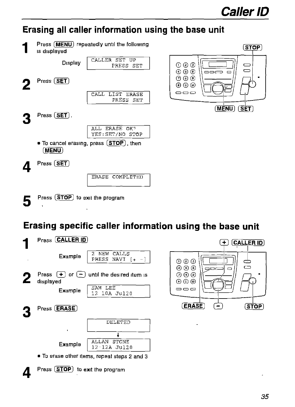 Erasing all caller information using the base unit, Caller id | Panasonic KX-FPG175 User Manual | Page 35 / 96
