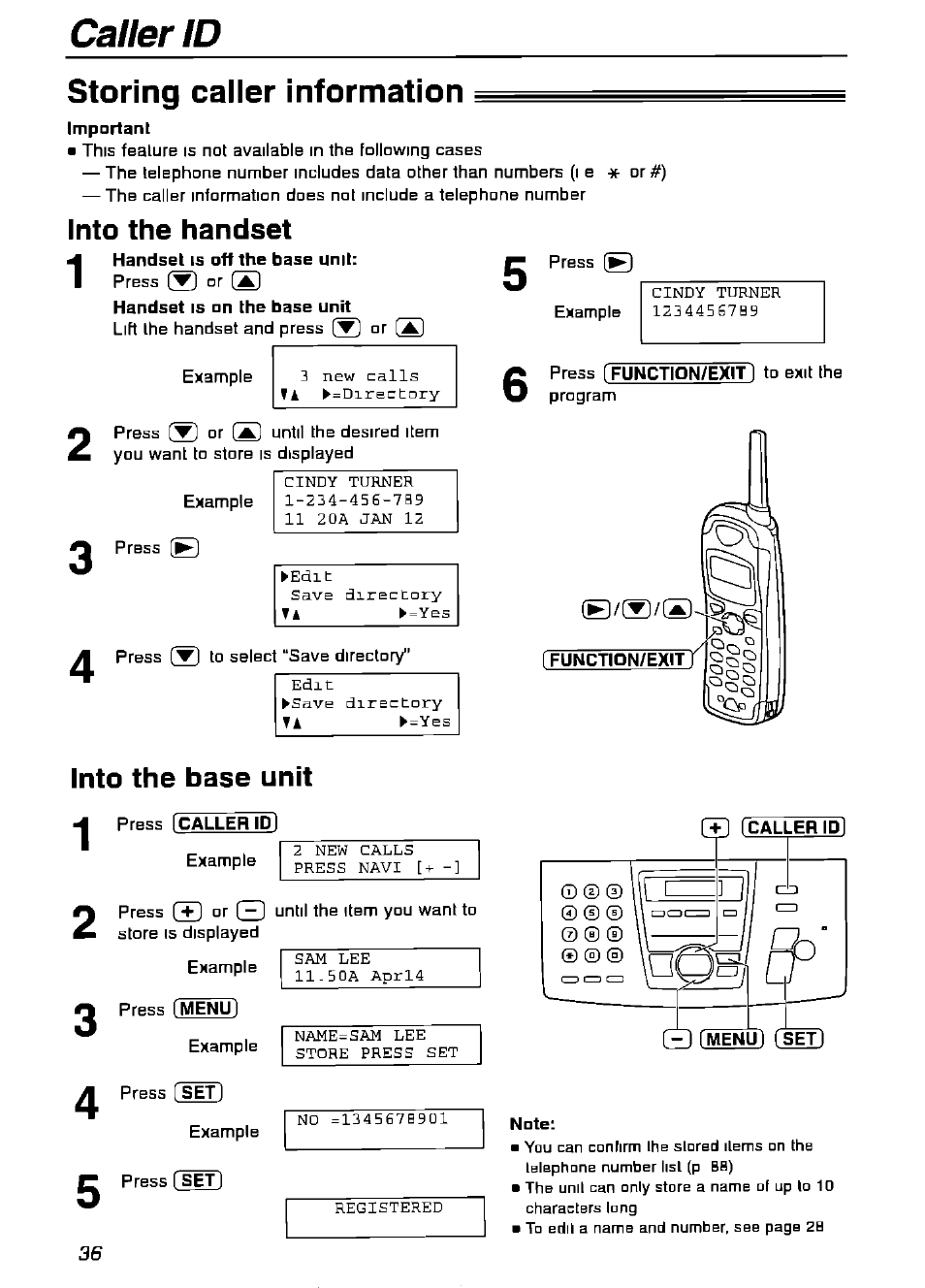 Storing caller information, Into the handset, Into the base unit | Caller id storing caller information | Panasonic KX-FPG175 User Manual | Page 36 / 96