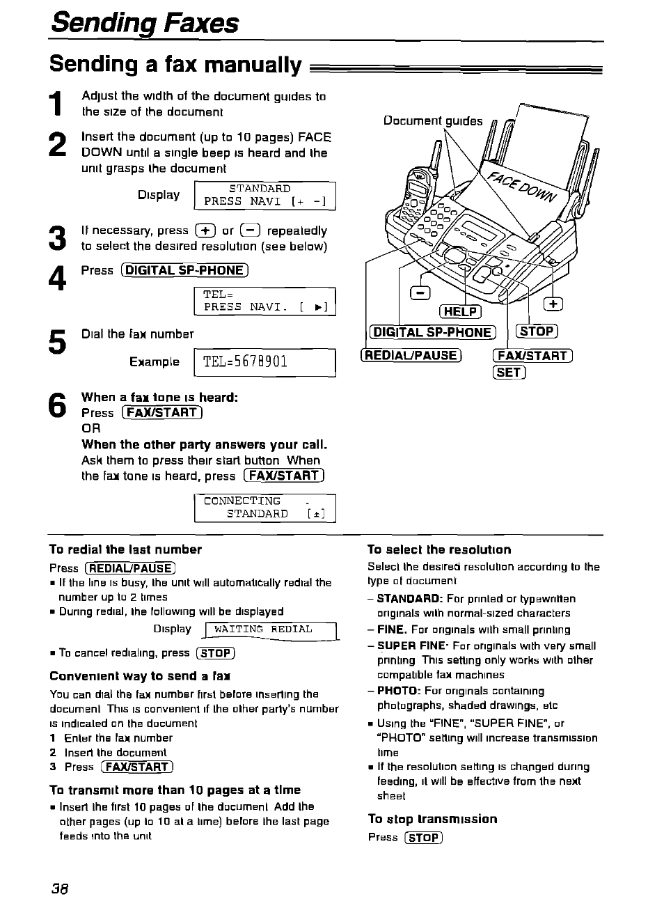 Sending a fax manually, Press (digital sp-phone, To redial the last number | Sending faxes | Panasonic KX-FPG175 User Manual | Page 38 / 96