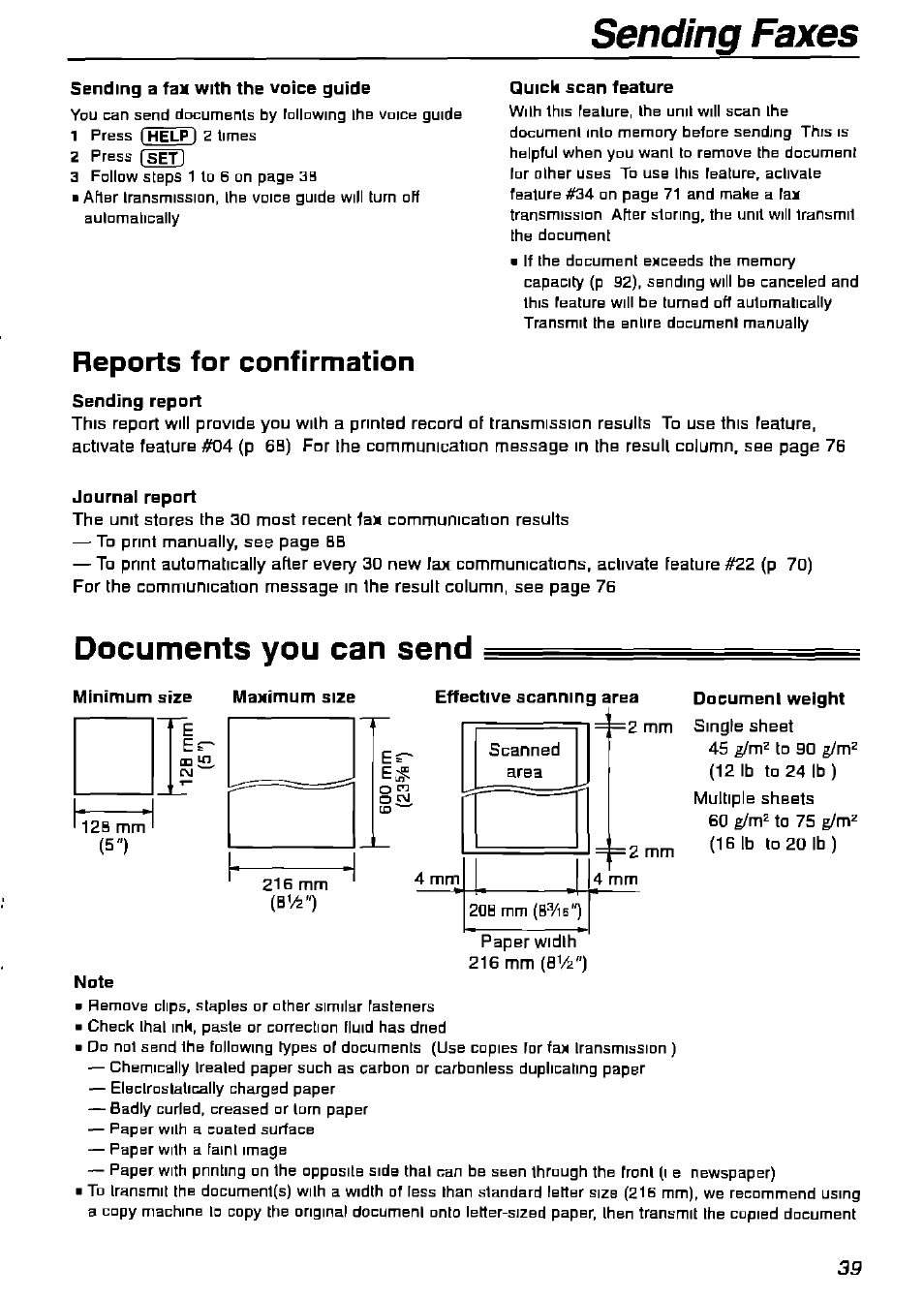 Sending a fax with the voice guide, Quick scan feature, Reports for confirmation | Sending report, Journal report, Documents you can send, Minimum size, Maximum size, Effective scanning area, Document weight | Panasonic KX-FPG175 User Manual | Page 39 / 96