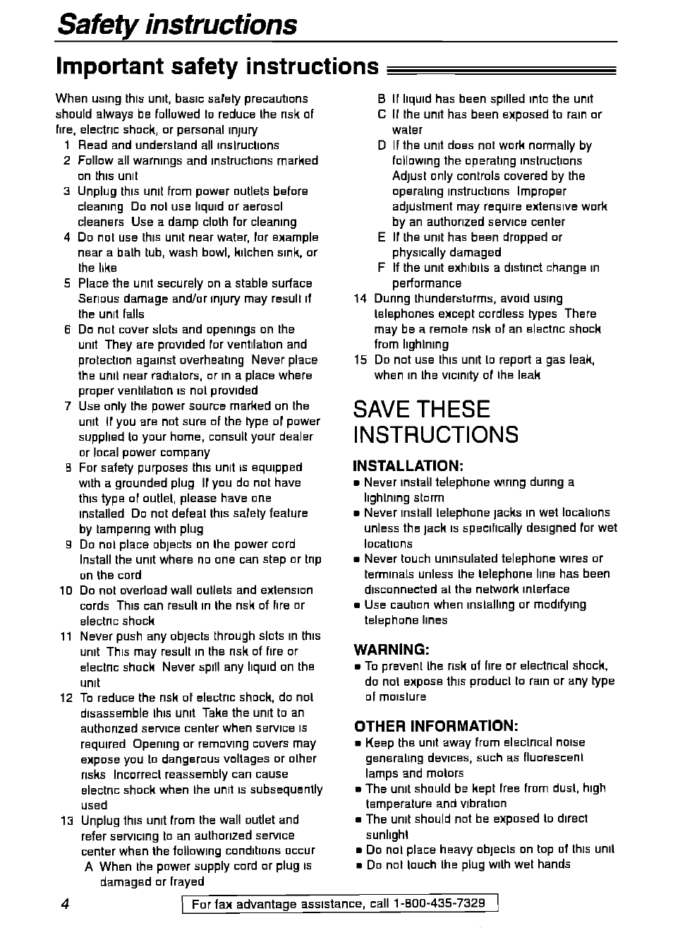 Safety instructions, Important safety instructions, Save these instructions | Installation, Warning, Other information | Panasonic KX-FPG175 User Manual | Page 4 / 96
