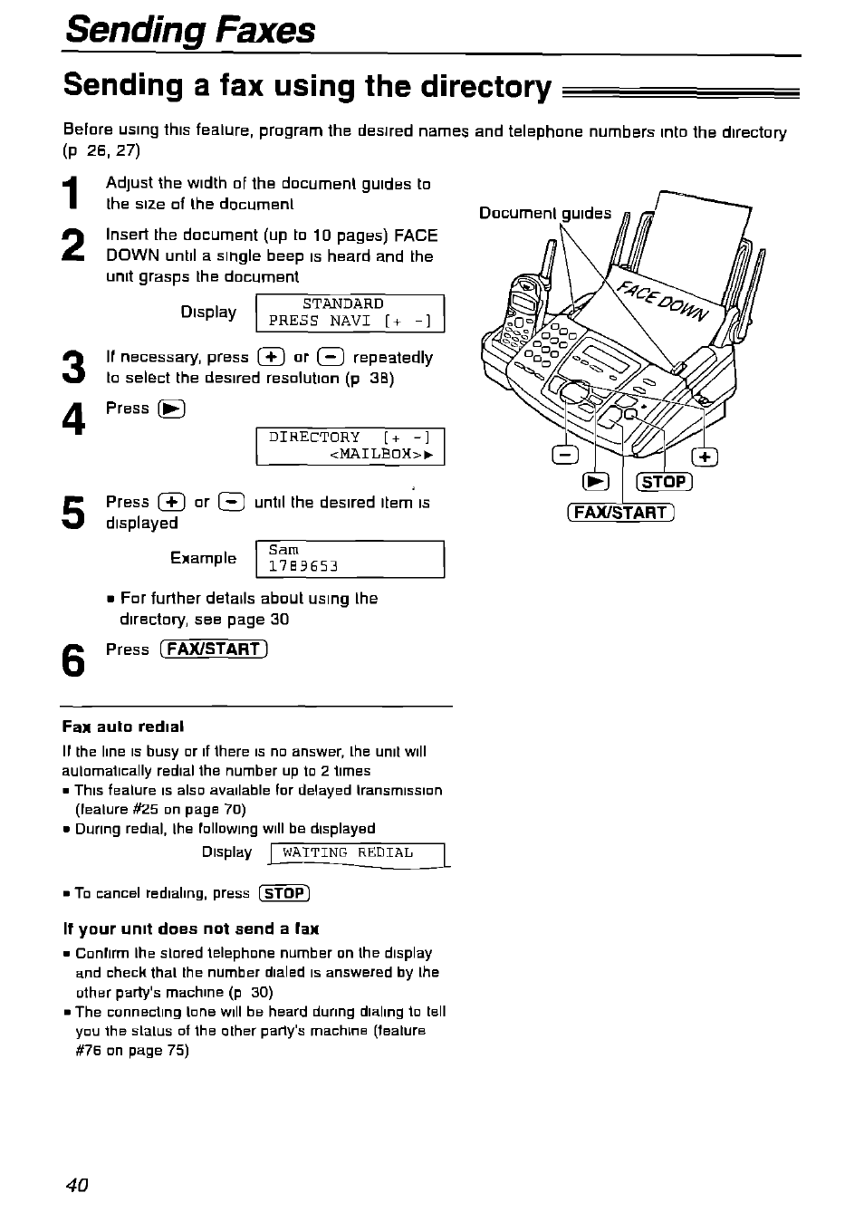 Sending a fax using the directory, Fax auto redial, If your unit does not send a fax | Sending a fax using the directory sending faxes | Panasonic KX-FPG175 User Manual | Page 40 / 96