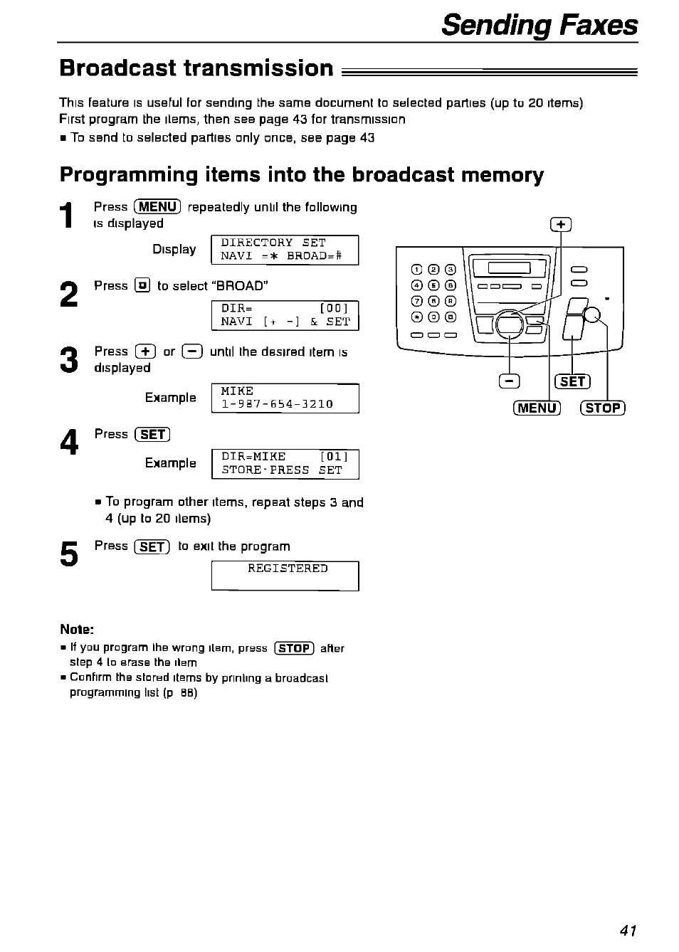 Broadcast transmission, Programming items into the broadcast memory, Note | Sending faxes | Panasonic KX-FPG175 User Manual | Page 41 / 96