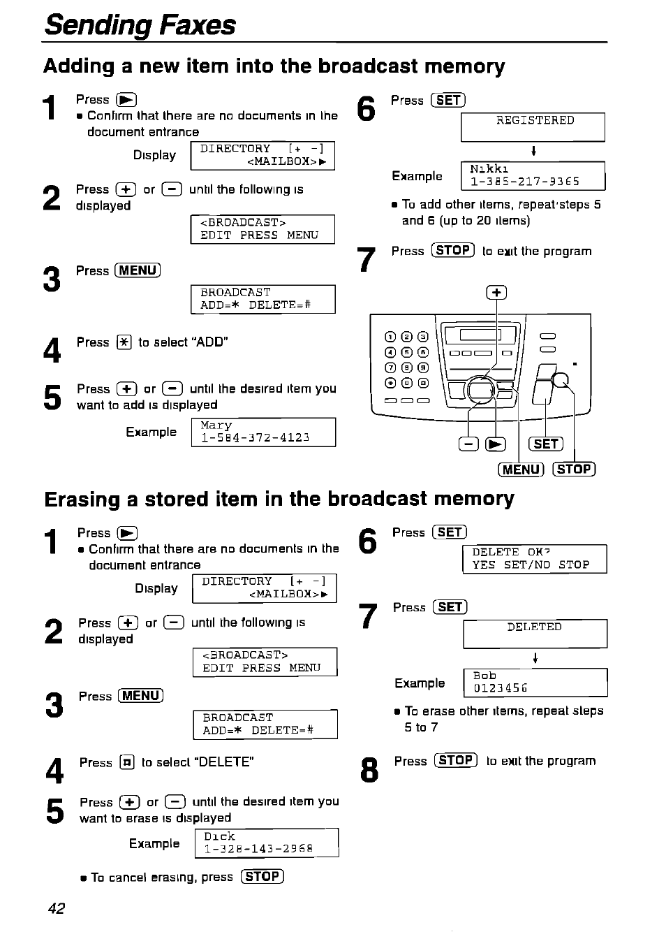 Adding a new item into the broadcast memory, Erasing a stored item in the broadcast memory, Sending faxes | Panasonic KX-FPG175 User Manual | Page 42 / 96