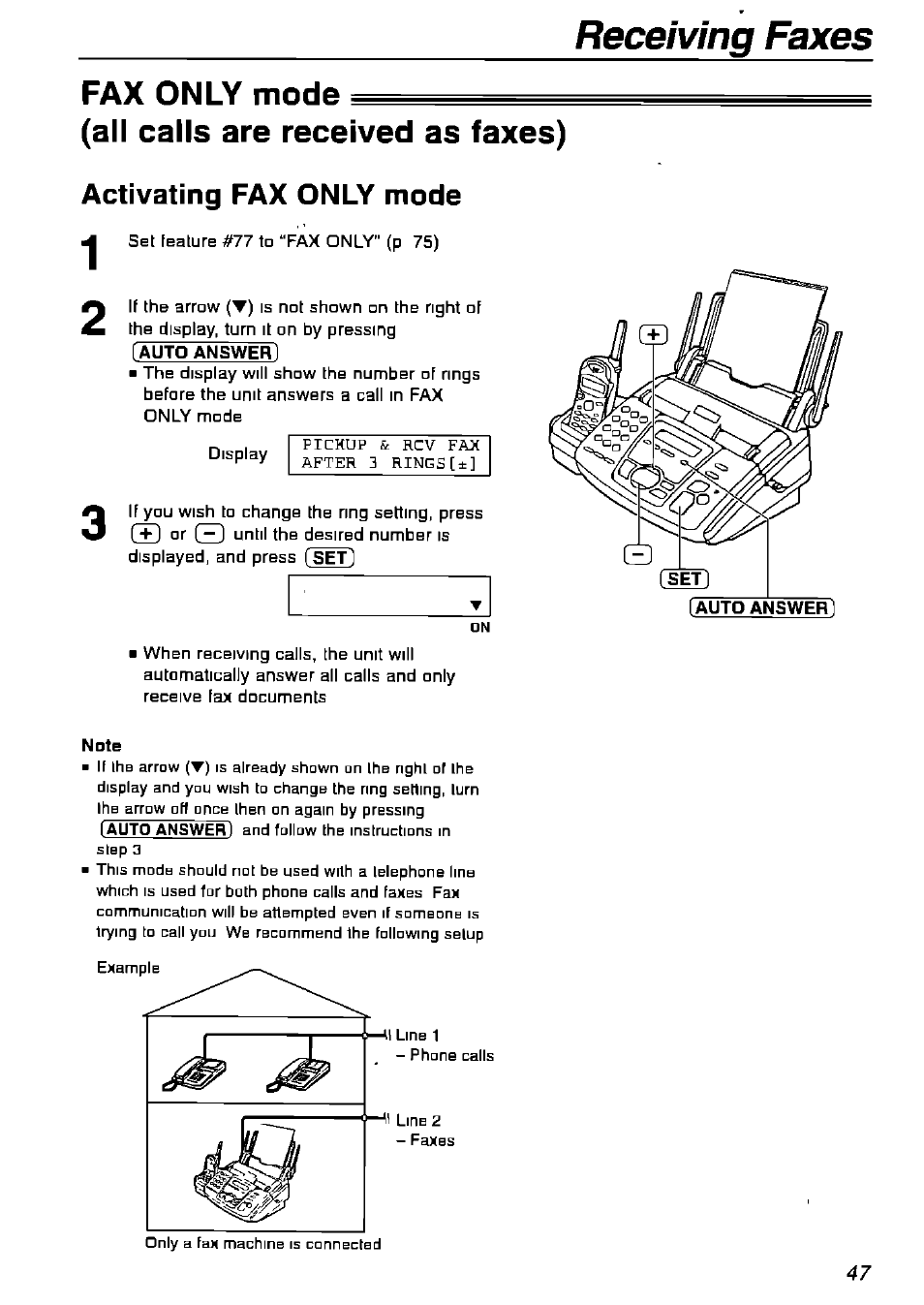 Fax only mode, All calls are received as faxes), Activating fax only mode | Note, Receiving faxes | Panasonic KX-FPG175 User Manual | Page 47 / 96