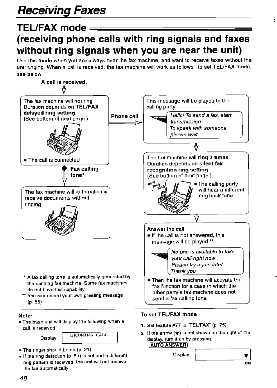 Tel/fax mode, Note, To set tel/fax mode | Panasonic KX-FPG175 User Manual | Page 48 / 96