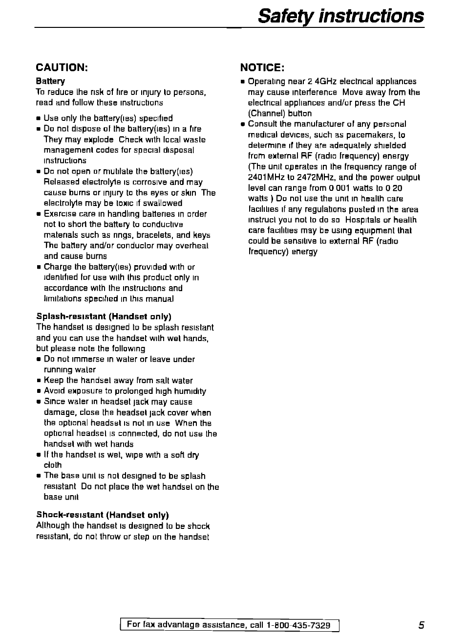 Safety instructions, Splash-resistant (handset only), Shock-resistant (handset only) | Caution, Notice | Panasonic KX-FPG175 User Manual | Page 5 / 96