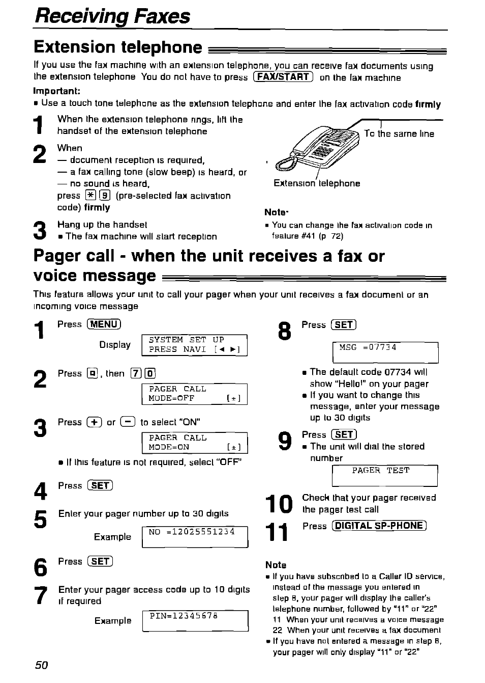 Extension telephone, Receiving faxes extension telephone | Panasonic KX-FPG175 User Manual | Page 50 / 96
