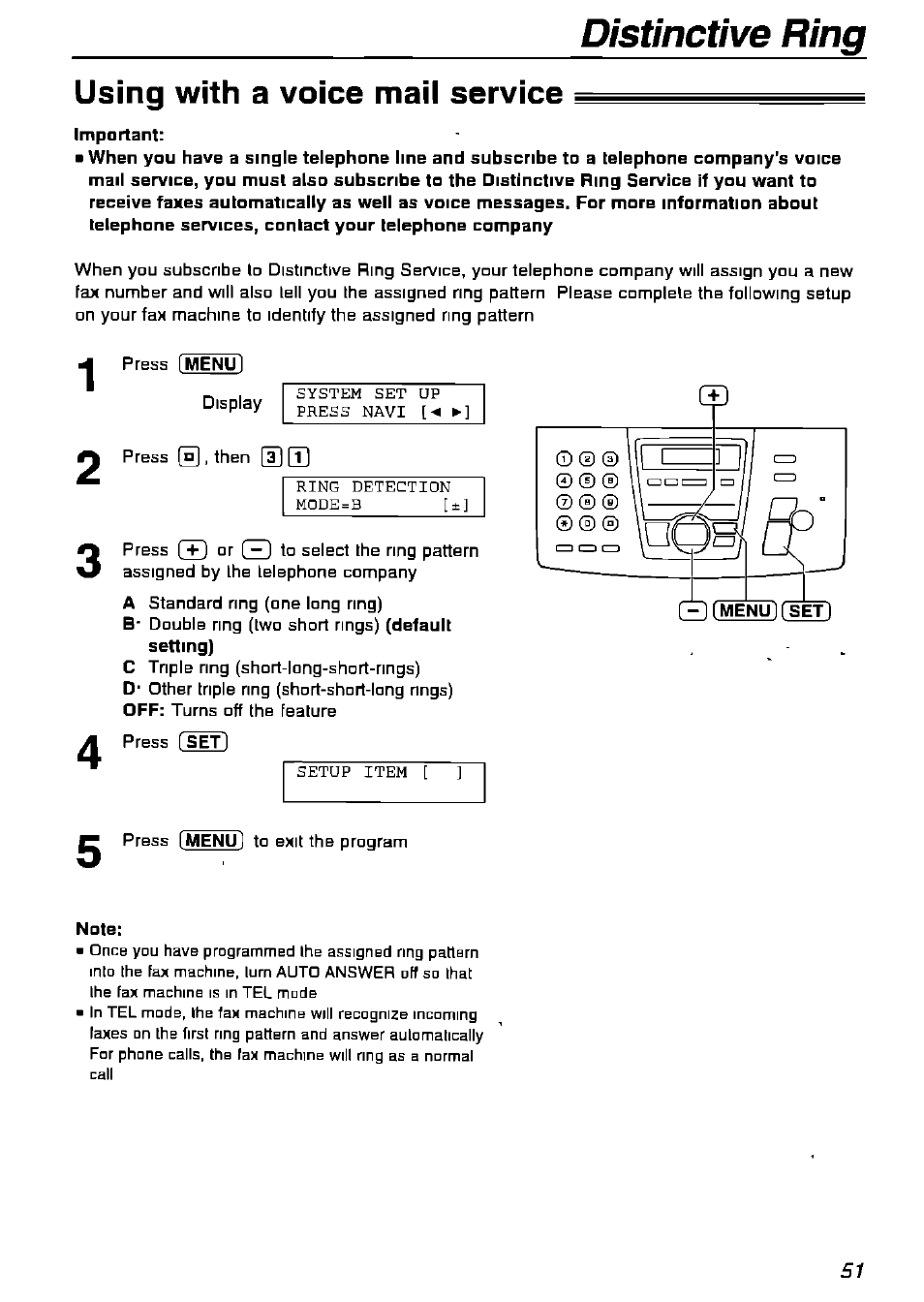 Using with a voice mail service, Important, Note | Distinctive ring using with a voice mail service | Panasonic KX-FPG175 User Manual | Page 51 / 96