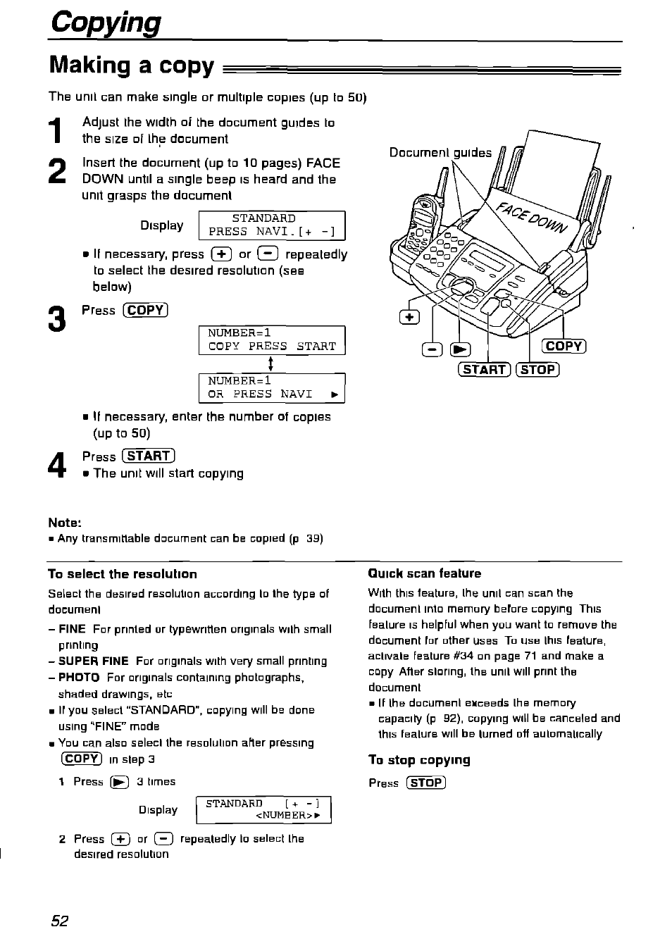 Copying, Making a copy, Note | To select the resolution, Quick scan feature, To stop copying | Panasonic KX-FPG175 User Manual | Page 52 / 96