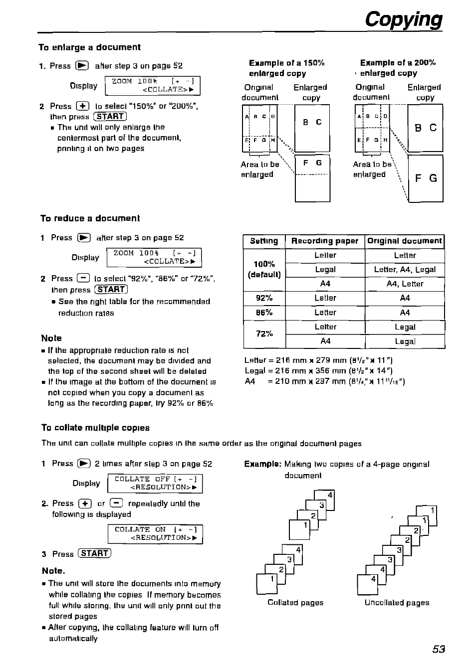 To enlarge a document, To reduce a document, Note | Example of a 150% enlarged copy, Copying, To collate multiple copies | Panasonic KX-FPG175 User Manual | Page 53 / 96