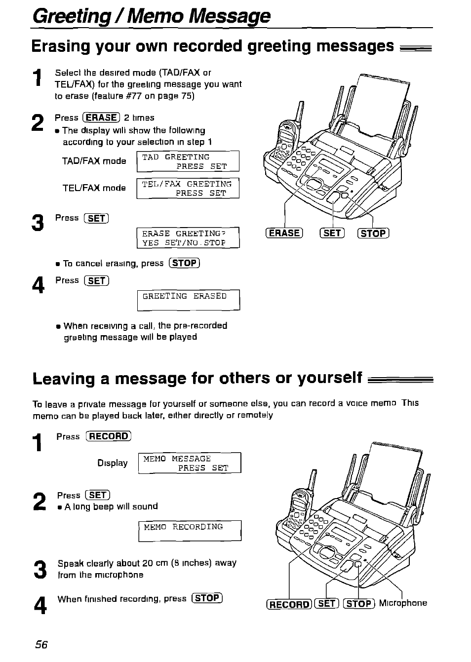 Greeting / memo message, Erasing your own recorded greeting messages, Leaving a message for others or yourself | Panasonic KX-FPG175 User Manual | Page 56 / 96