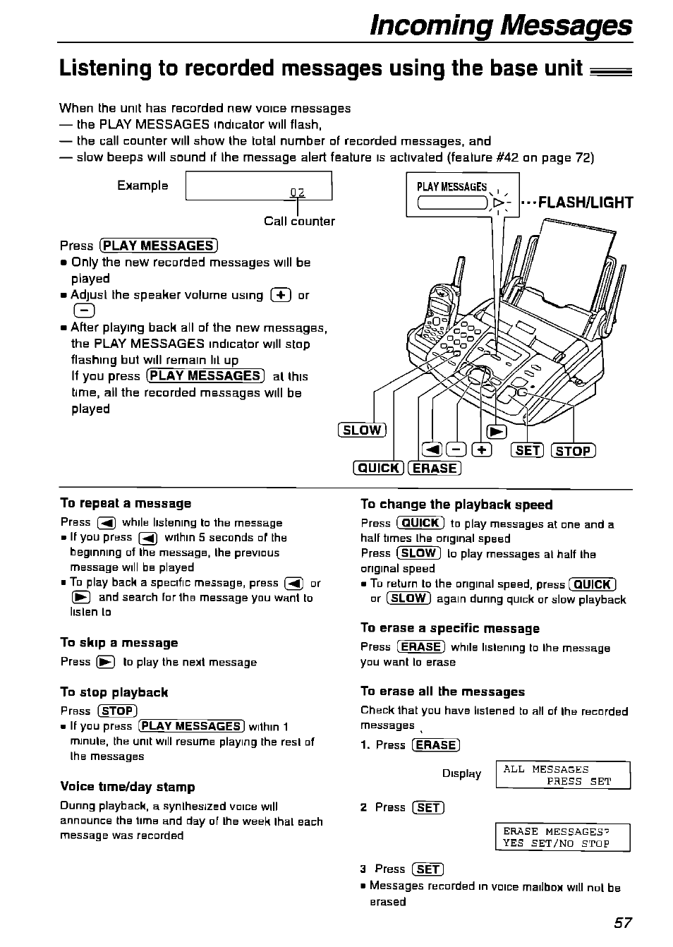 Listening to recorded messages using the base unit, Incoming messages, Flash/light | Panasonic KX-FPG175 User Manual | Page 57 / 96