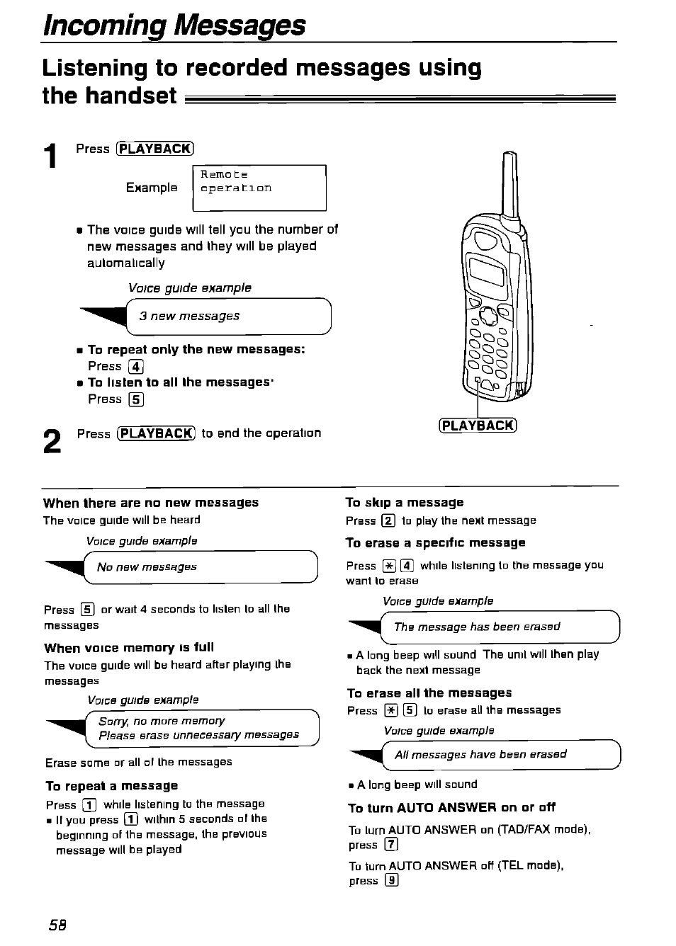 Listening to recorded messages using the handset, To repeat only the new messages, When there are no new messages | To skip a message, To erase all the messages, To turn auto answer on or off, Incoming messages | Panasonic KX-FPG175 User Manual | Page 58 / 96