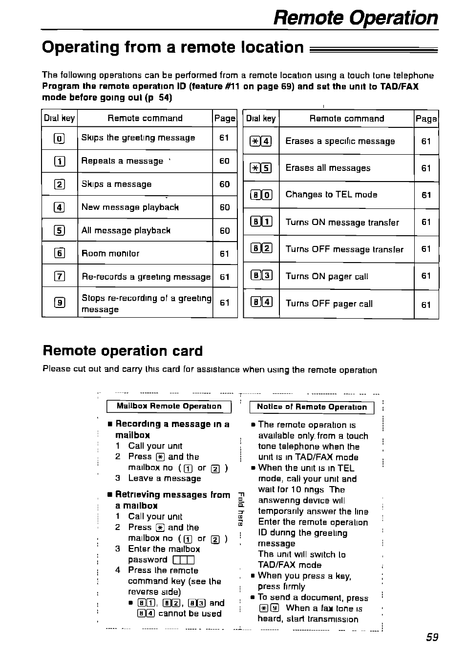 Operating from a remote location, Remote operation card, Recording a message in a mailbox | Retrieving messages from a mailbox, Remote operation operating from a remote location | Panasonic KX-FPG175 User Manual | Page 59 / 96