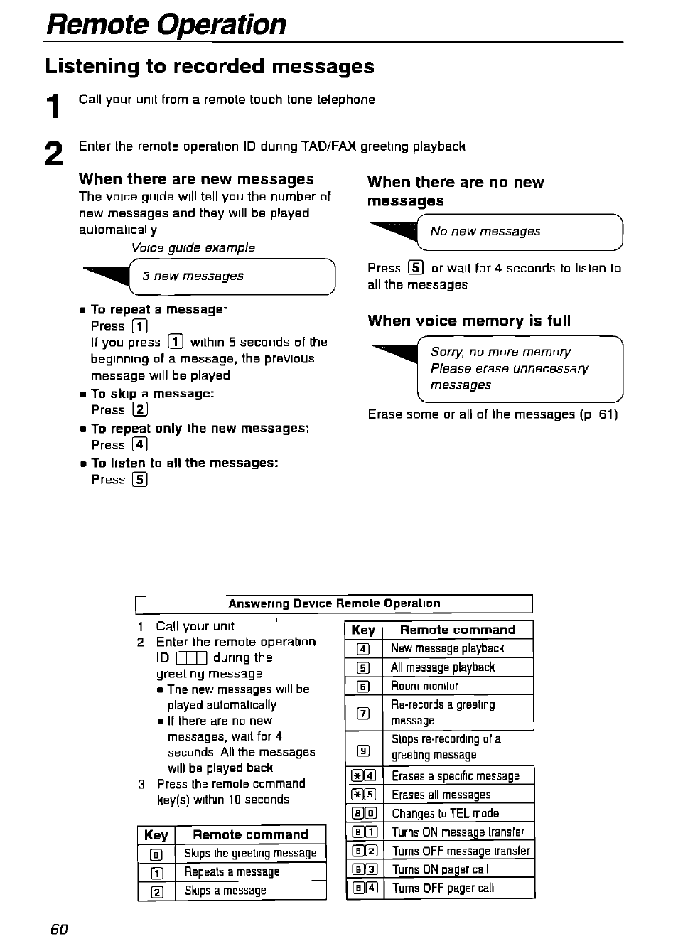 Listening to recorded messages, Remote operation, When there are new messages | When there are no new messages | Panasonic KX-FPG175 User Manual | Page 60 / 96