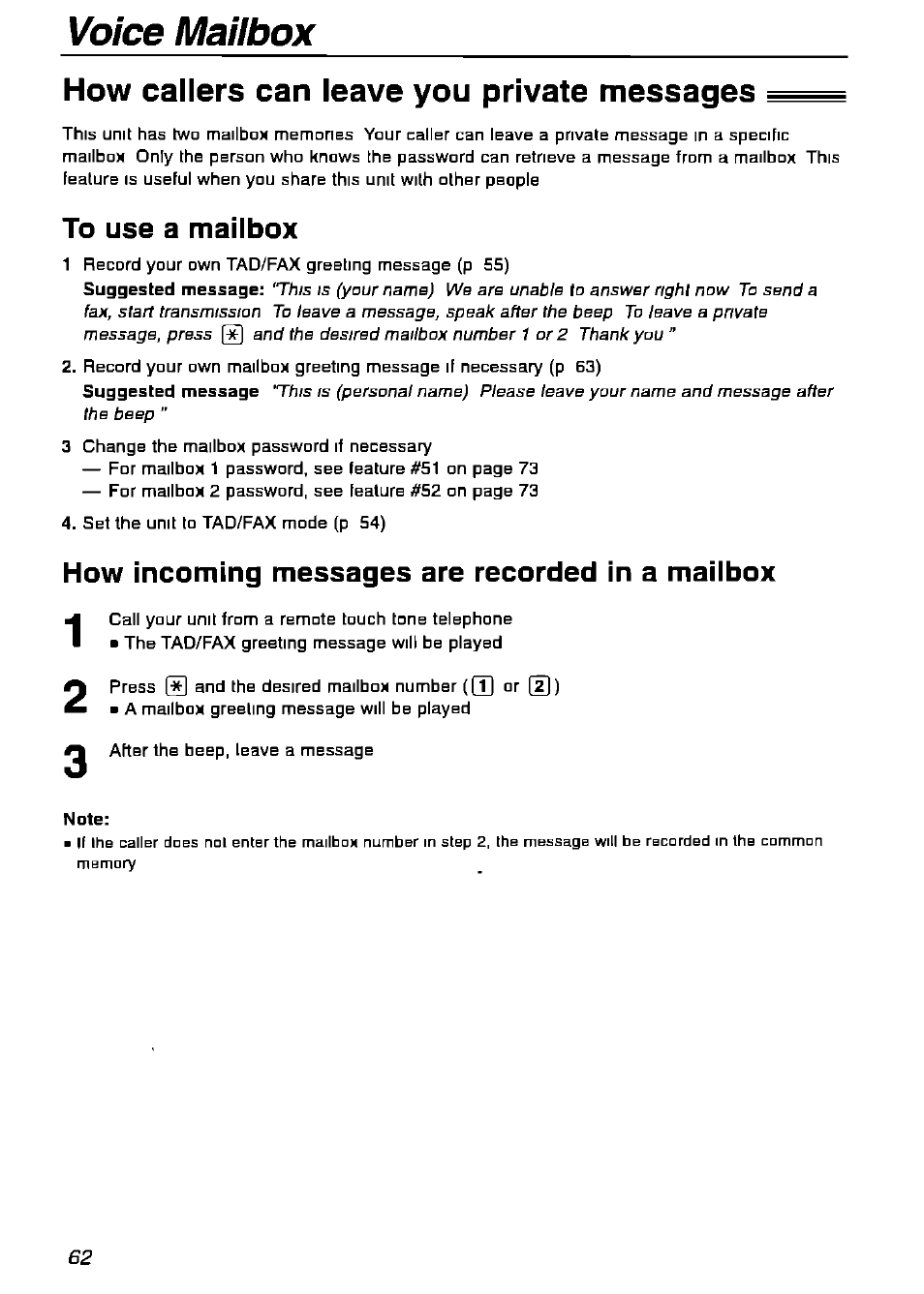How callers can leave you private messages, To use a mailbox, How incoming messages are recorded in a maiibox | Note | Panasonic KX-FPG175 User Manual | Page 62 / 96