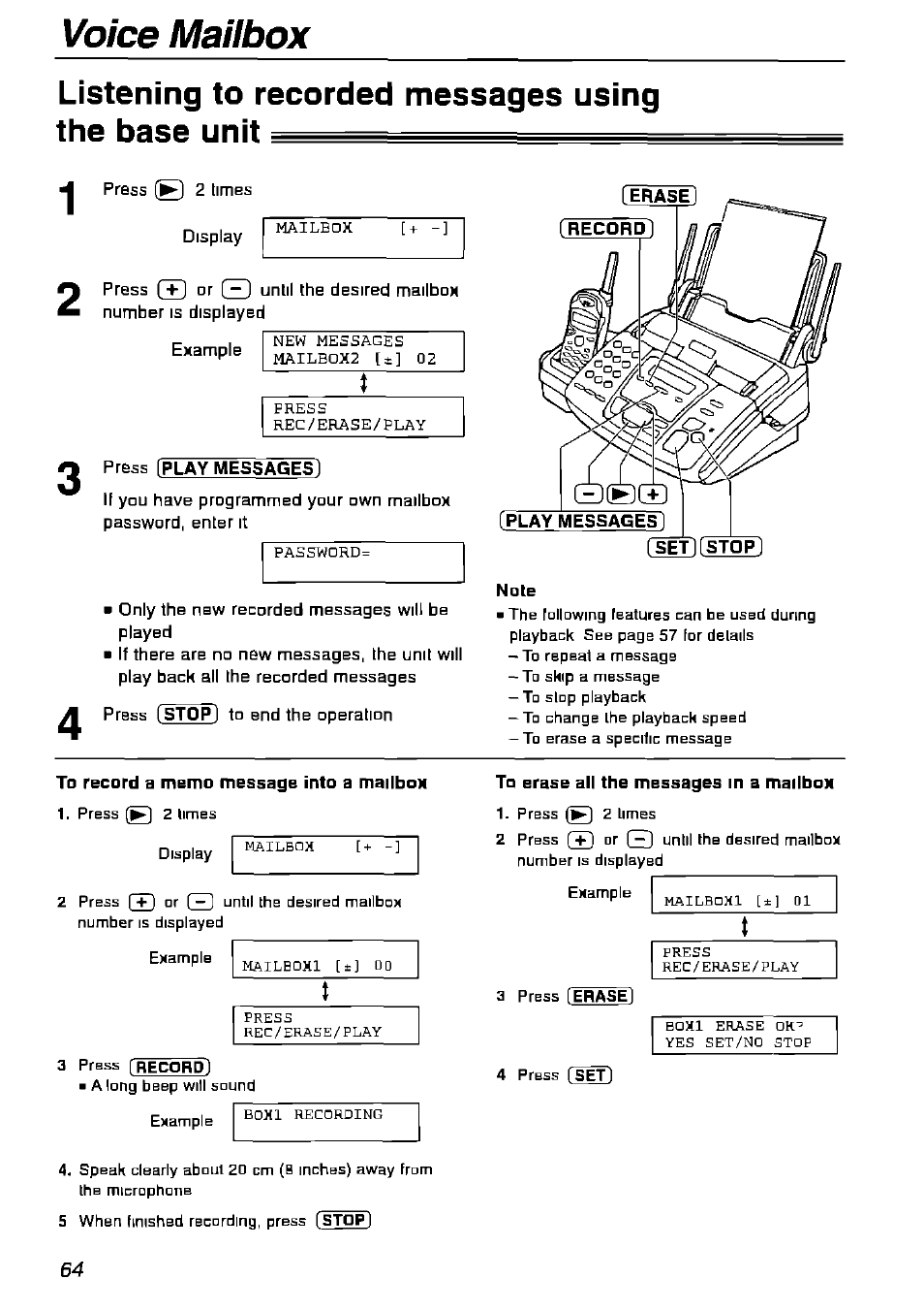 Listening to recorded messages using the base unit, Press [play messages, To record a memo message into a mailbox | To erase all the messages in a mailbox, 5 ced | Panasonic KX-FPG175 User Manual | Page 64 / 96