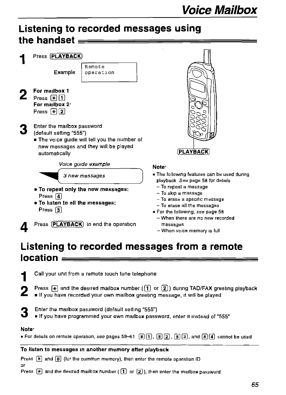 For mailbox 1, To repeat only the new messages, Note | Panasonic KX-FPG175 User Manual | Page 65 / 96