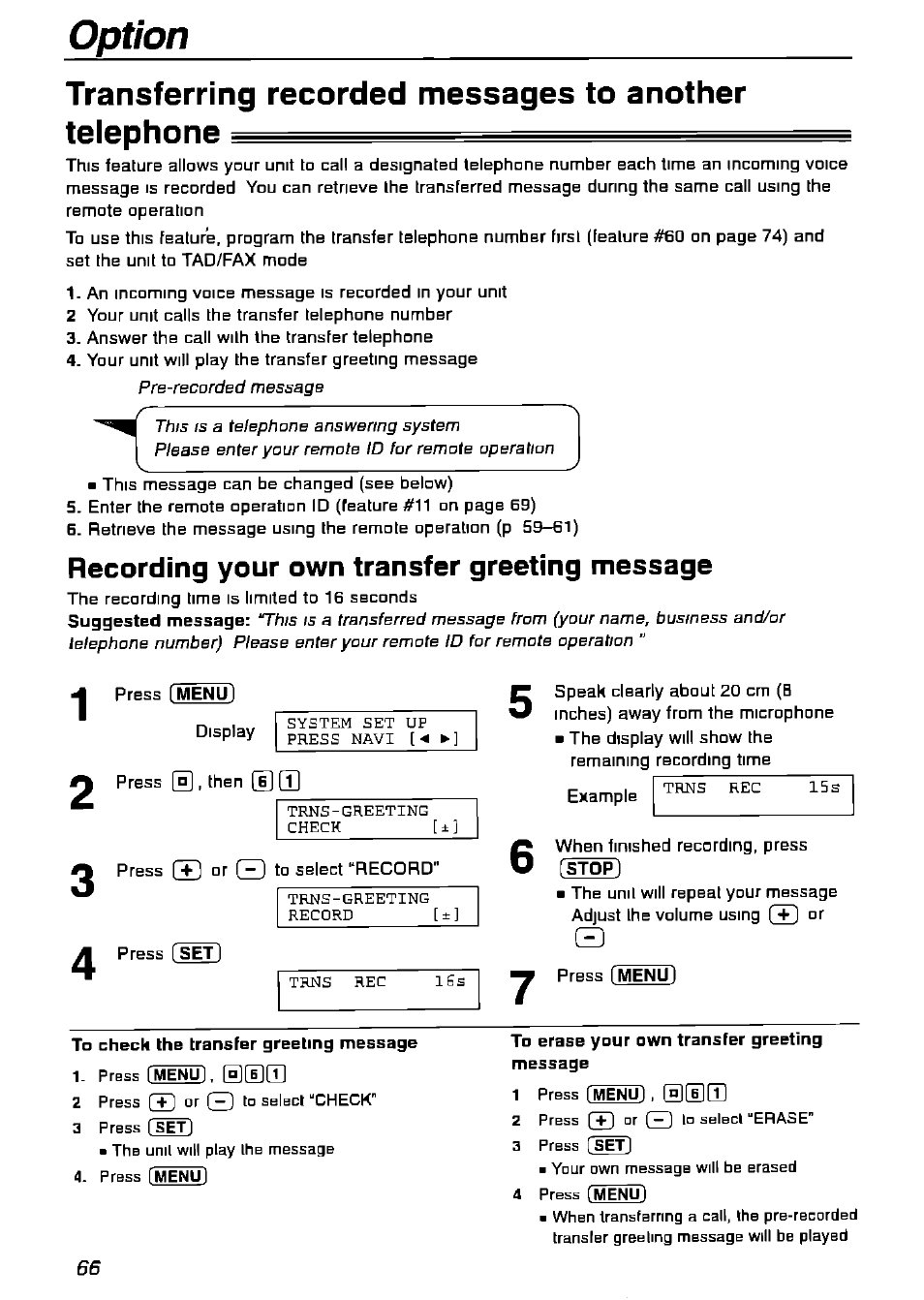 Recording your own transfer greeting message | Panasonic KX-FPG175 User Manual | Page 66 / 96