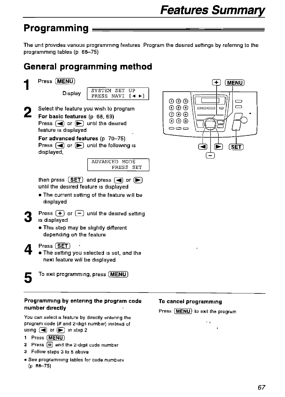 Programming, General programming method, Features summary | Panasonic KX-FPG175 User Manual | Page 67 / 96