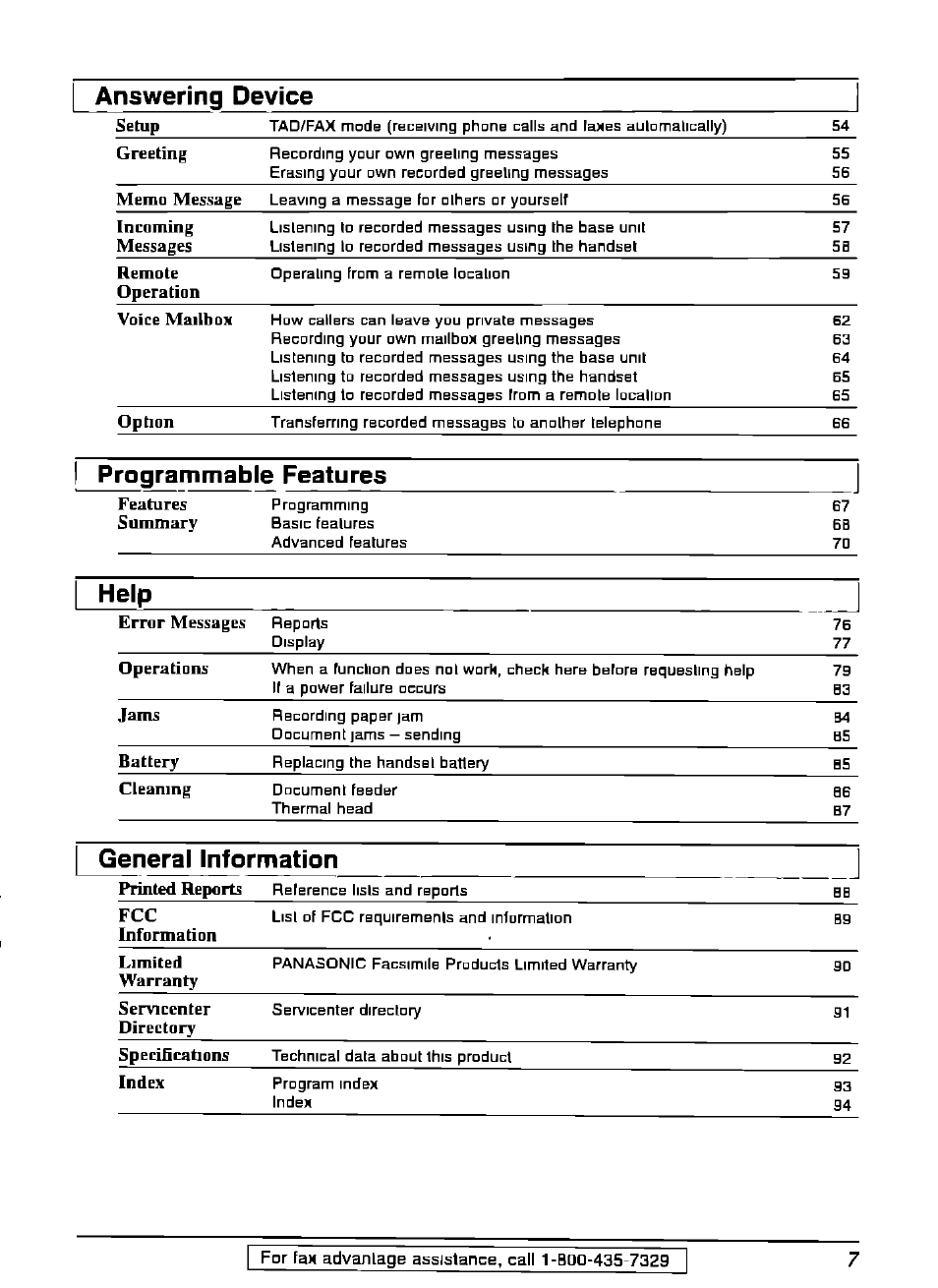 Answering device, 1 programmable features, Help | General information | Panasonic KX-FPG175 User Manual | Page 7 / 96