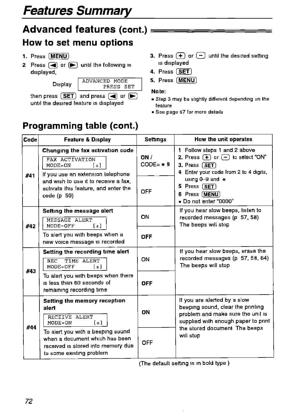 Advanced features (cont.) how to set menu options, Programming table (cont.), Code | Feature & display, Settings, How the unit operates, Setting the message alert, Setting the memory reception alert, Features summary advanced features, Cont.) how to set menu options | Panasonic KX-FPG175 User Manual | Page 72 / 96