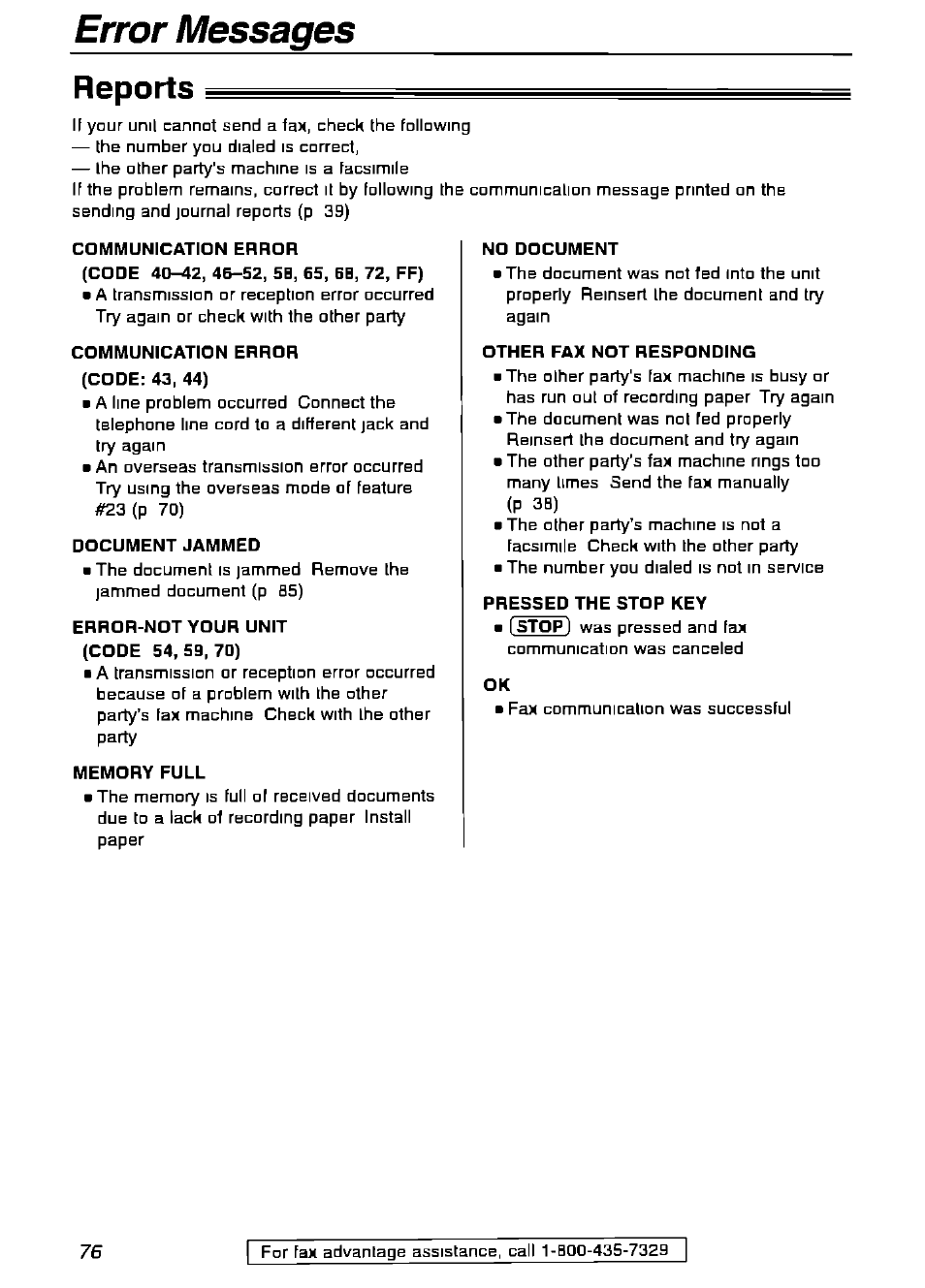 Reports, Communication error, Document jammed | Ehror-not your unit, Memory full, No document, Other fax not responding, Pressed the stop key, Error messages | Panasonic KX-FPG175 User Manual | Page 76 / 96