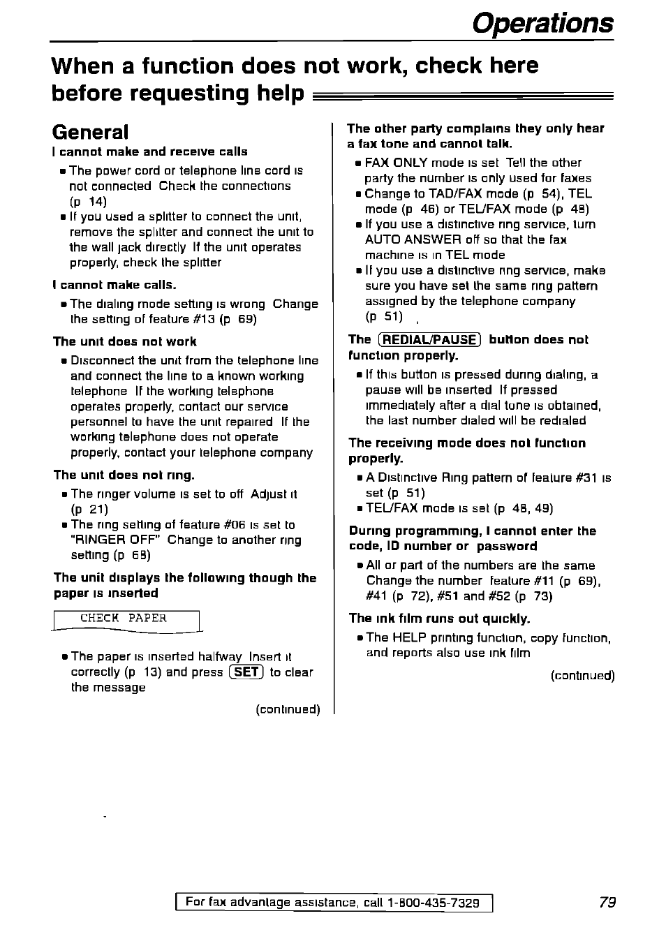 General, I cannot make calls, The unit does not work | Operations | Panasonic KX-FPG175 User Manual | Page 79 / 96