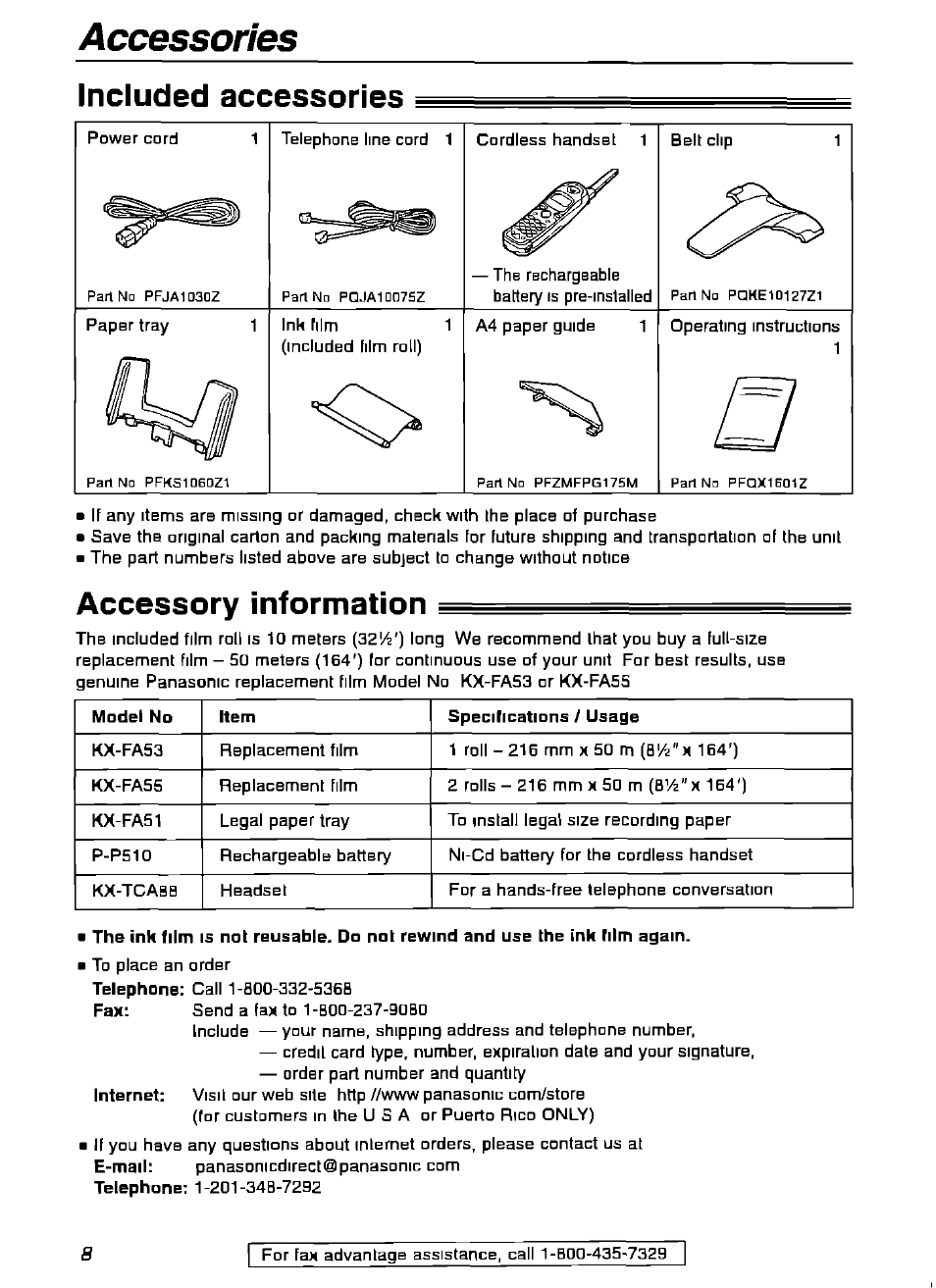 Included accessories, Accessory information, Included accessories accessories | Panasonic KX-FPG175 User Manual | Page 8 / 96