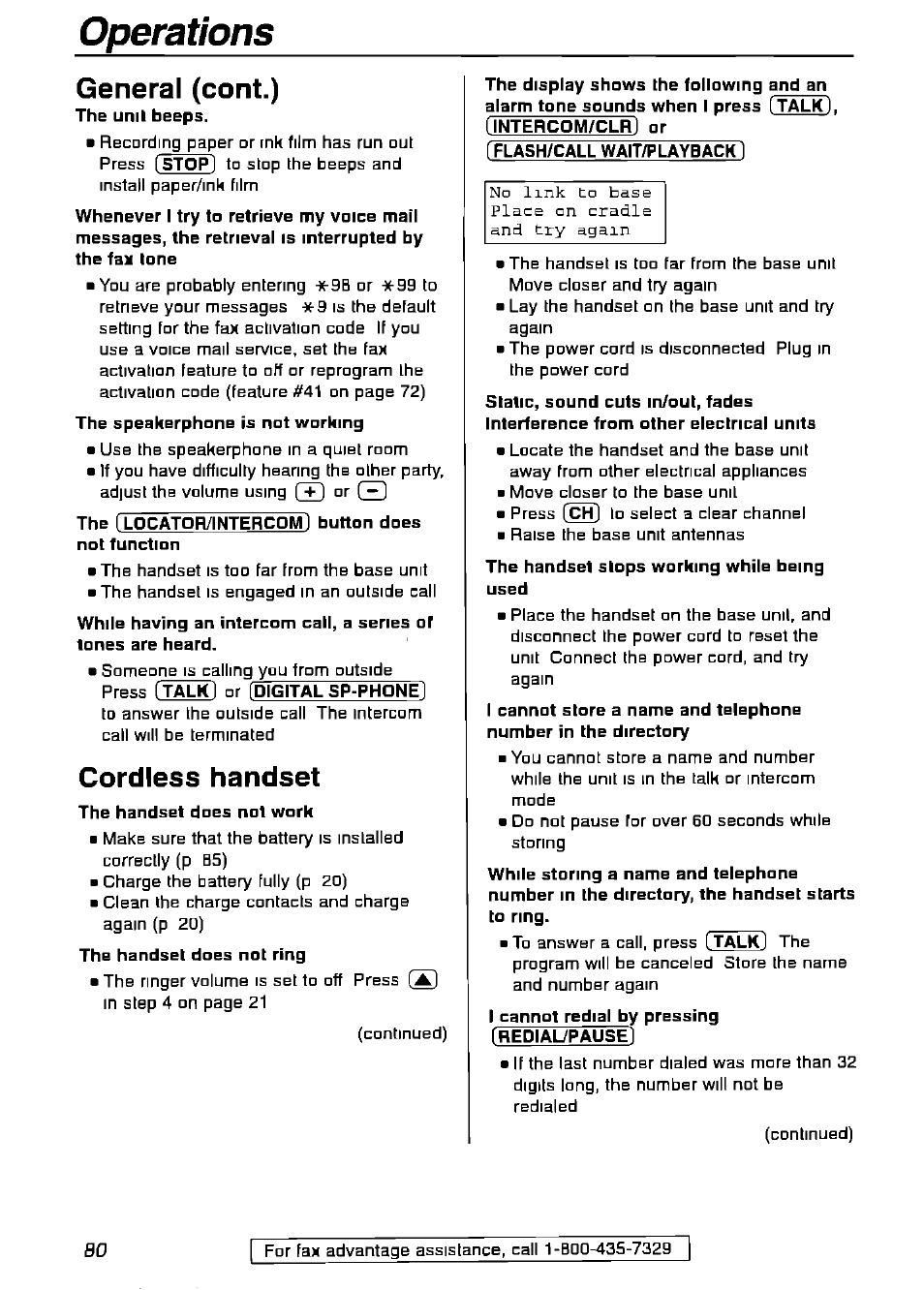 General (cent.), Cordless handset, The handsel slops working while being used | Operations | Panasonic KX-FPG175 User Manual | Page 80 / 96