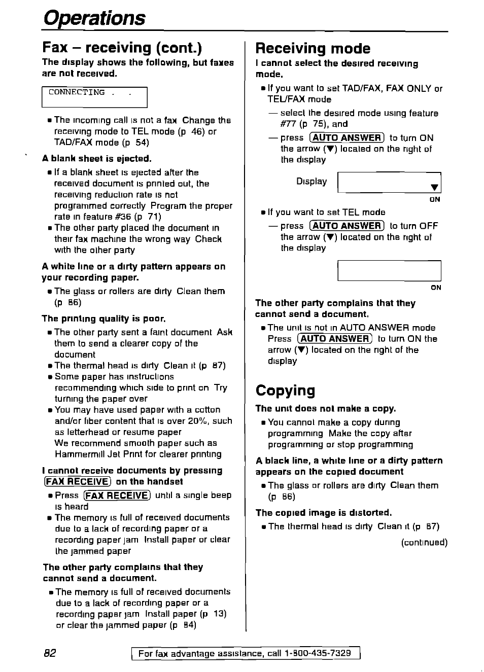 Fax - receiving (cent.), Receiving mode, Copying | The unit does nol make a copy, Operations | Panasonic KX-FPG175 User Manual | Page 82 / 96