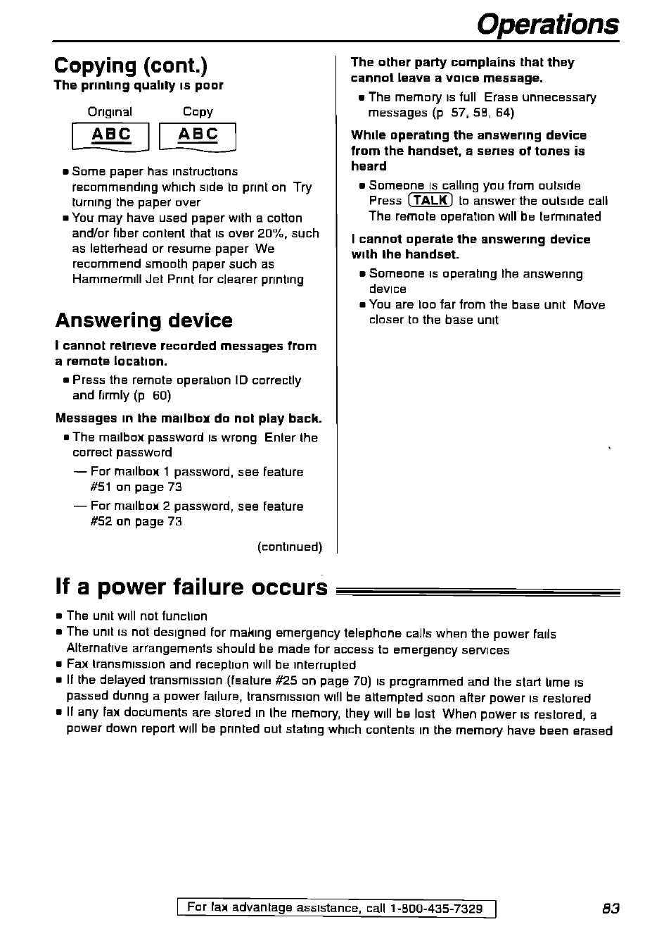 Copying (cont.), Answering device, If a power failure occurs | Operations, A b c | Panasonic KX-FPG175 User Manual | Page 83 / 96