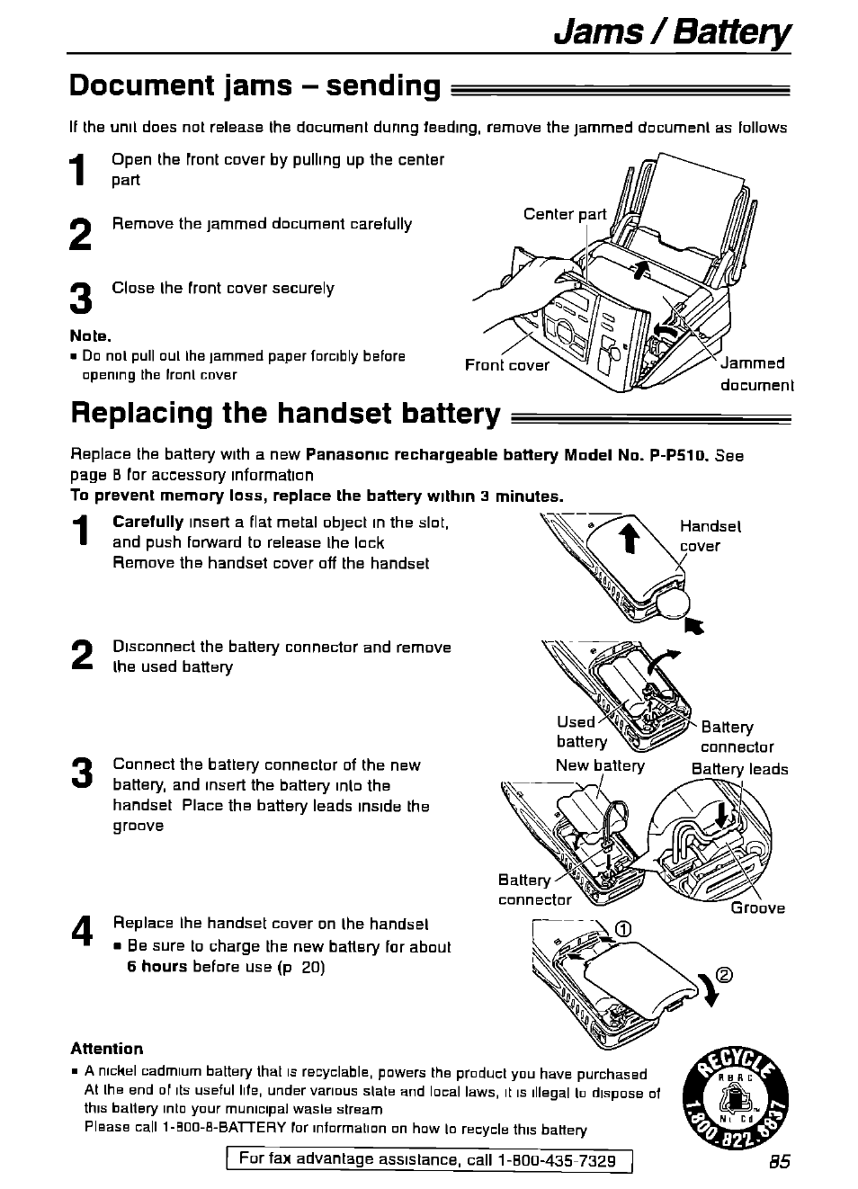 Document jams - sending, Replacing the handset battery, Attention | Jams, Battery document jams - sending | Panasonic KX-FPG175 User Manual | Page 85 / 96