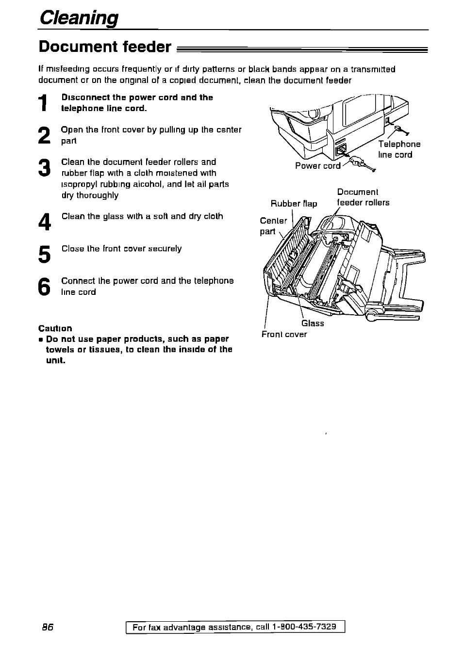 Cleaning, Document feeder, Caution | Panasonic KX-FPG175 User Manual | Page 86 / 96