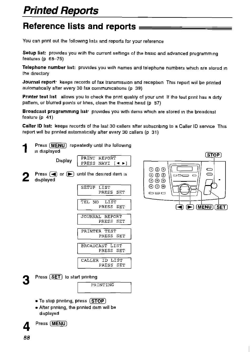 Reference lists and reports, Printed reports | Panasonic KX-FPG175 User Manual | Page 88 / 96