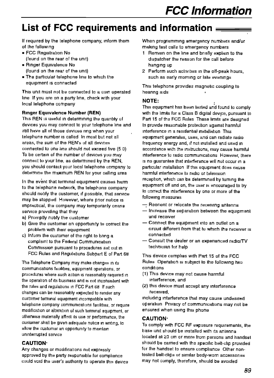 List of fcc requirements and information, Caution, Note | Panasonic KX-FPG175 User Manual | Page 89 / 96