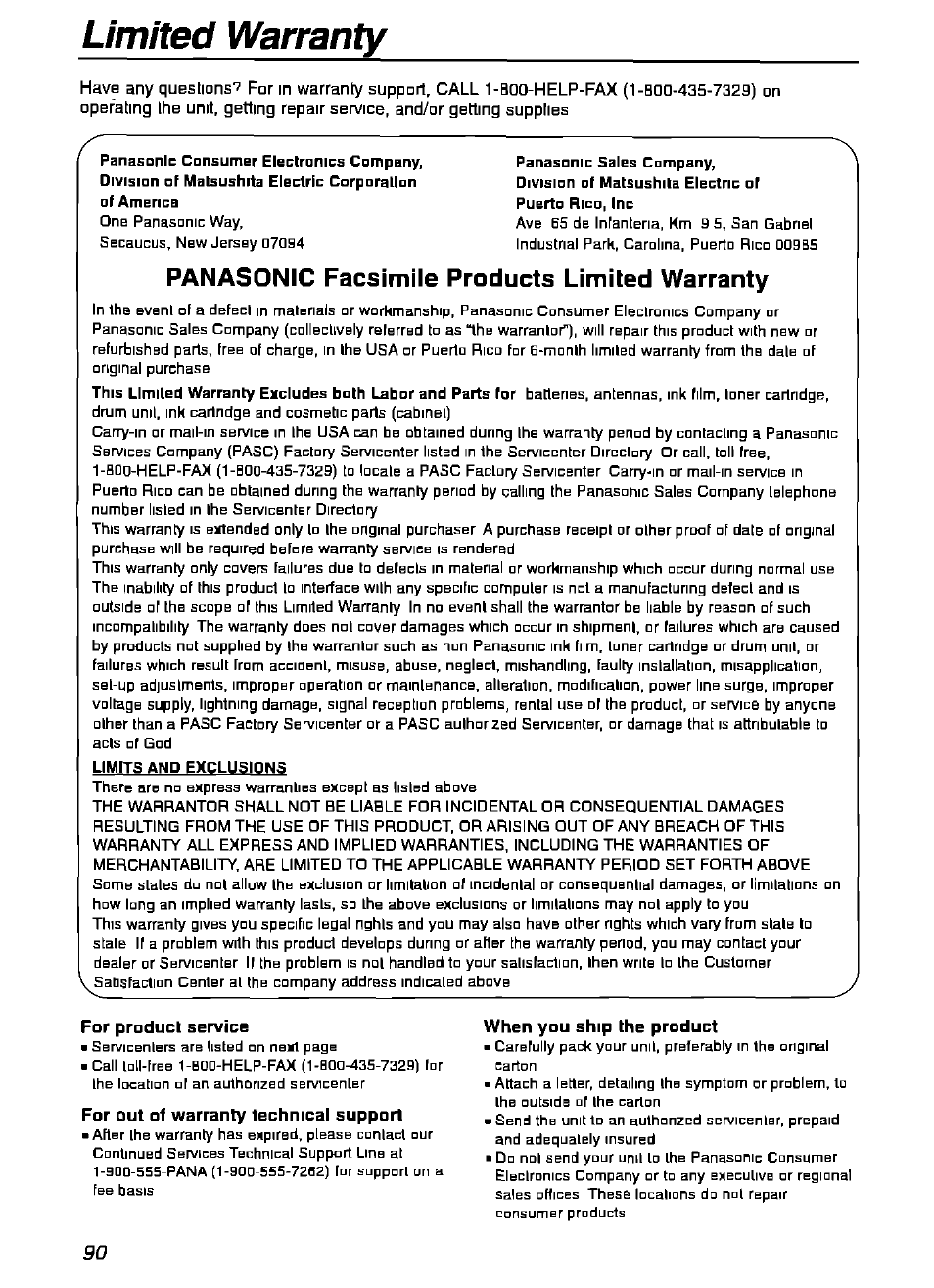 Limited warranty, Panasonic facsimile products limited warranty, For product service | When you ship the product | Panasonic KX-FPG175 User Manual | Page 90 / 96
