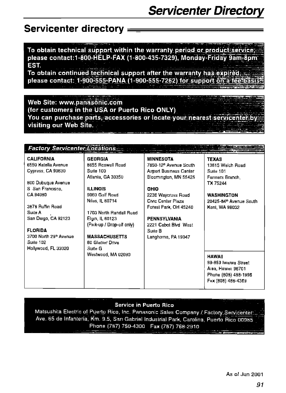 Servicenter directory, Service in puerto rico | Panasonic KX-FPG175 User Manual | Page 91 / 96