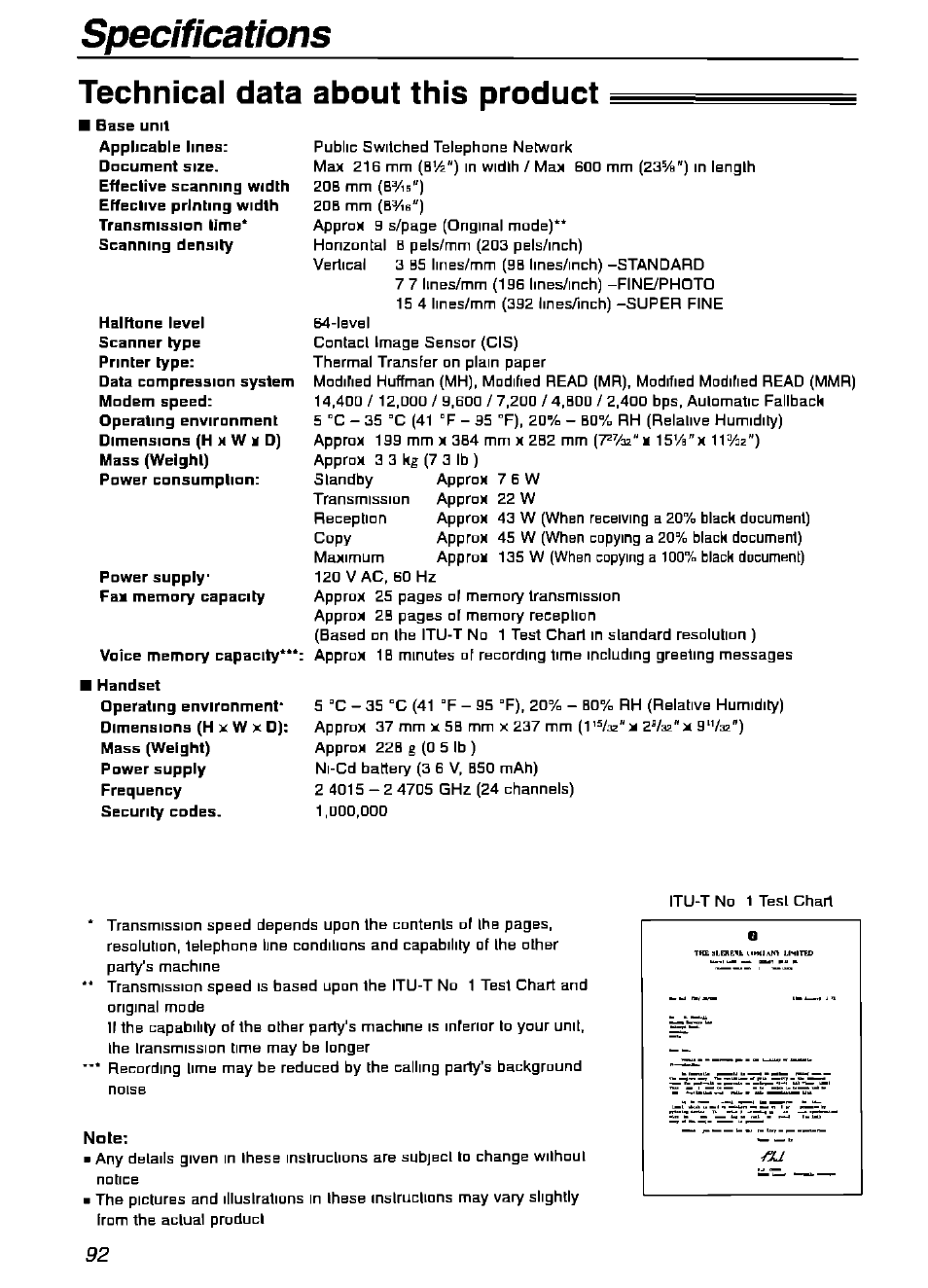 Technical data about this product, Specifications | Panasonic KX-FPG175 User Manual | Page 92 / 96