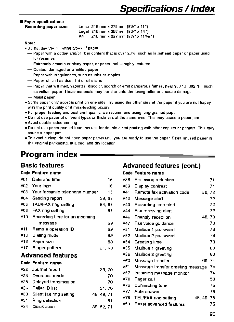 Specif ¡cations / index, Program index, Basic features | Advanced features, Advanced features (cent.) | Panasonic KX-FPG175 User Manual | Page 93 / 96