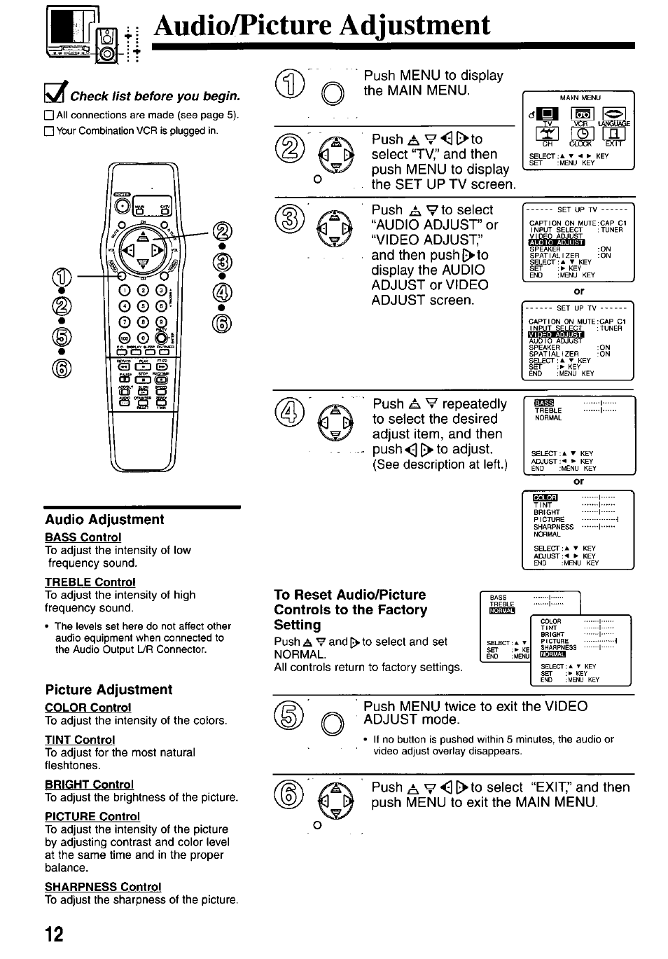 Audio/picture adjustment, Audio adjustment, Picture adjustment | Push menu twice to exit the video adjust mode | Panasonic OMNIVISION VHS PV-M2767 User Manual | Page 12 / 36