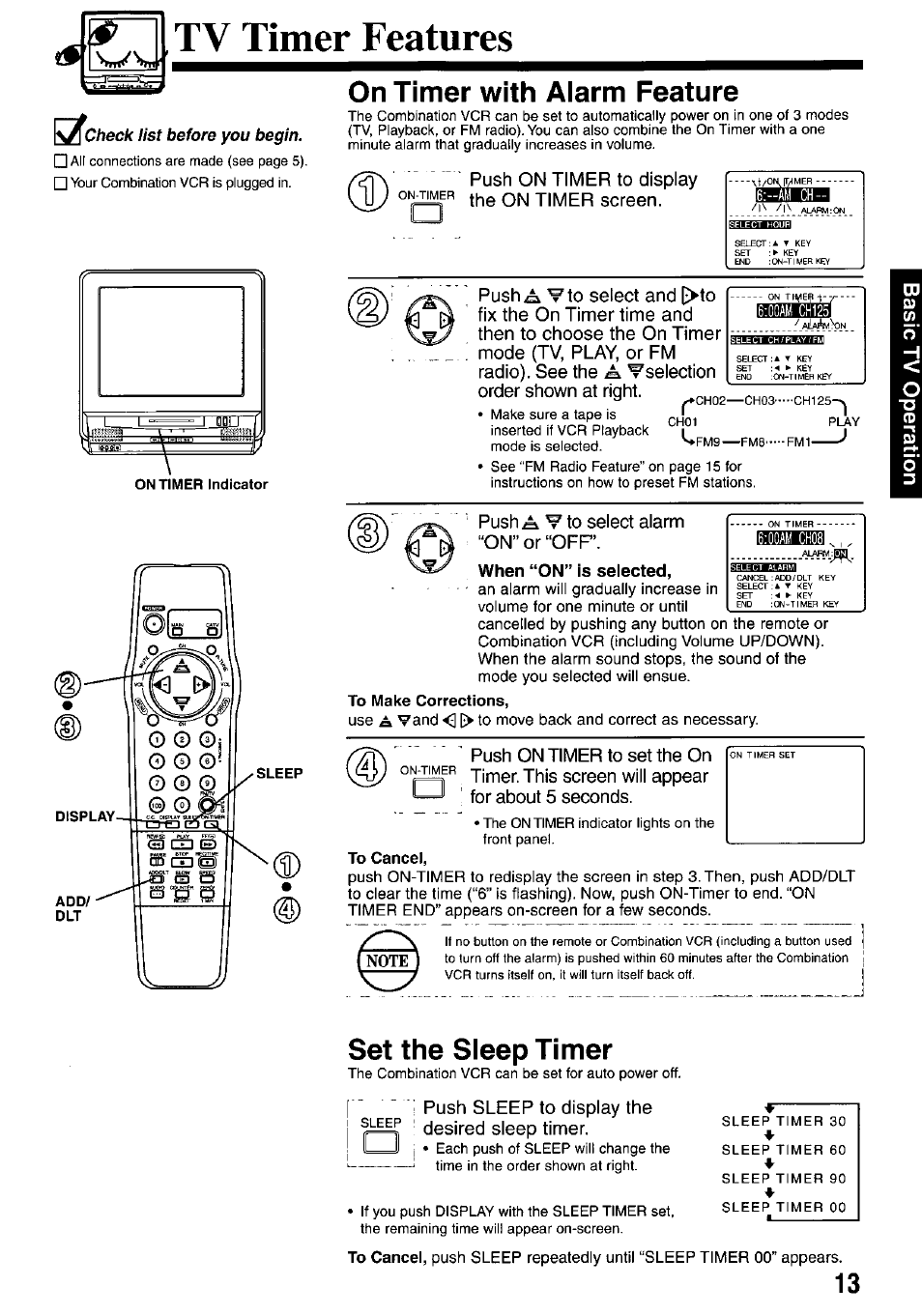Tv timer features, On timer with alarm feature, Set the sleep timer | Push on timer to display the on timer screen, Push a w \ o select alarm “on” or “off, When “on” is selected | Panasonic OMNIVISION VHS PV-M2767 User Manual | Page 13 / 36