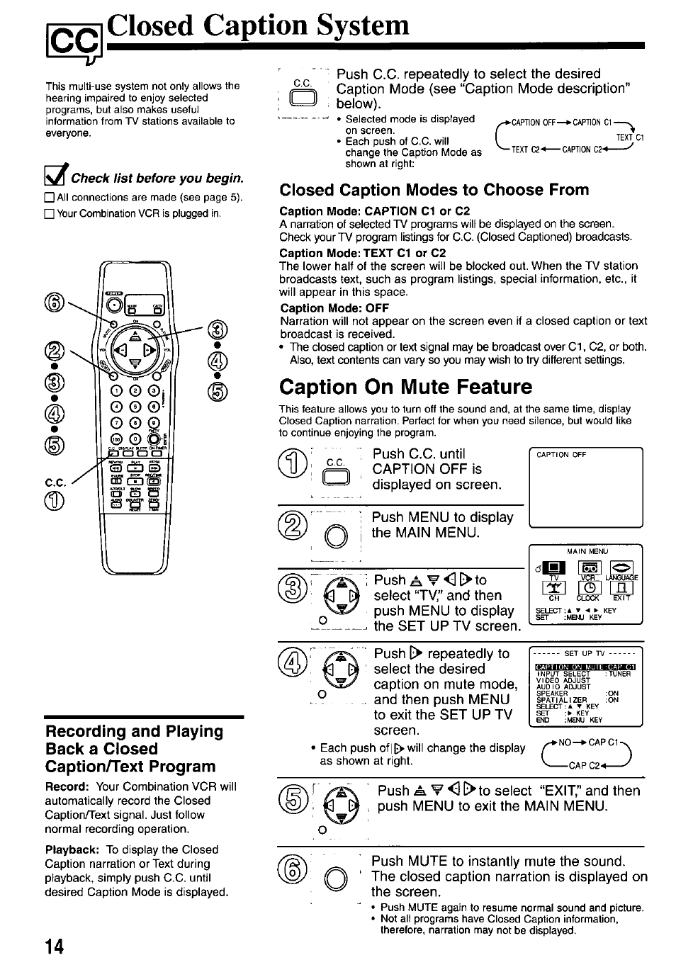Closed caption modes to choose from, Caption on mute feature, Closed caption system | Panasonic OMNIVISION VHS PV-M2767 User Manual | Page 14 / 36