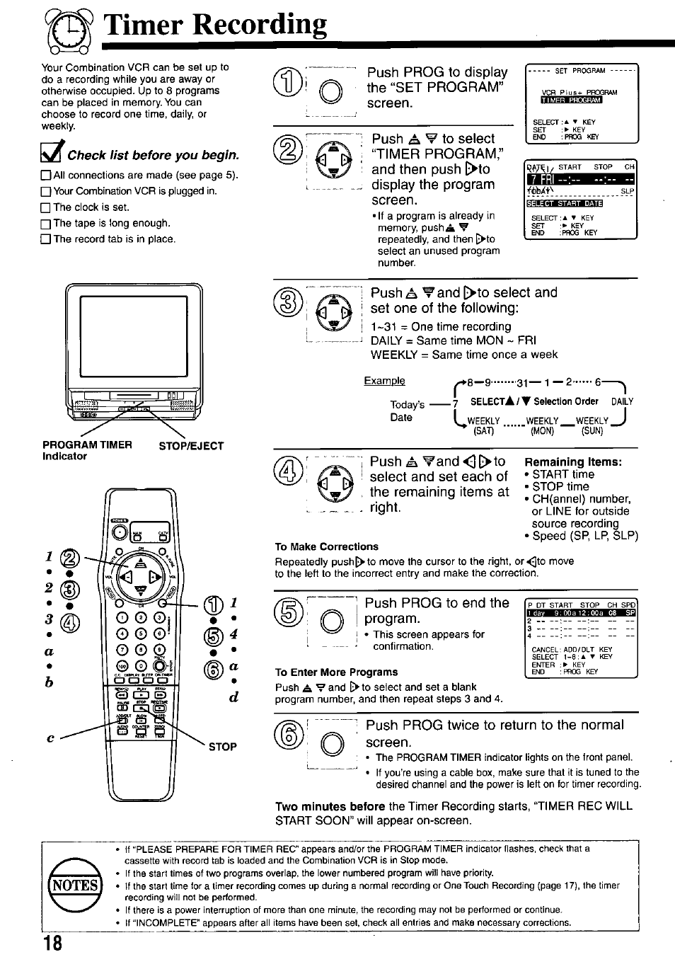 To make corrections, Remaining items, To enter more programs | Timer recording, Push prog to end the program, Push prog twice to return to the normal screen | Panasonic OMNIVISION VHS PV-M2767 User Manual | Page 18 / 36